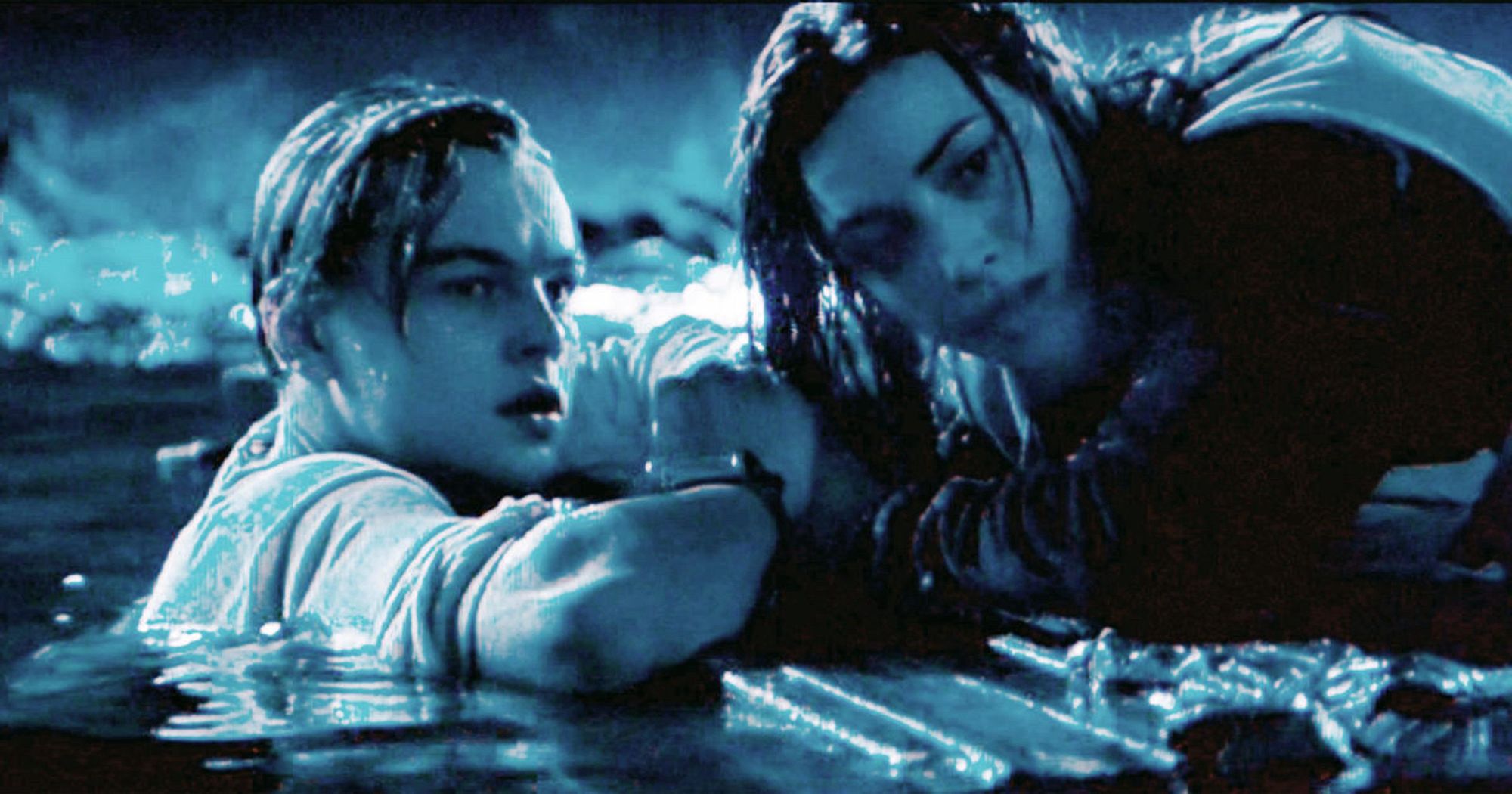 Door scene in Titanic withRose (Kate Winslet) on the floating door and Jack (Leo DiCaprio) in the water