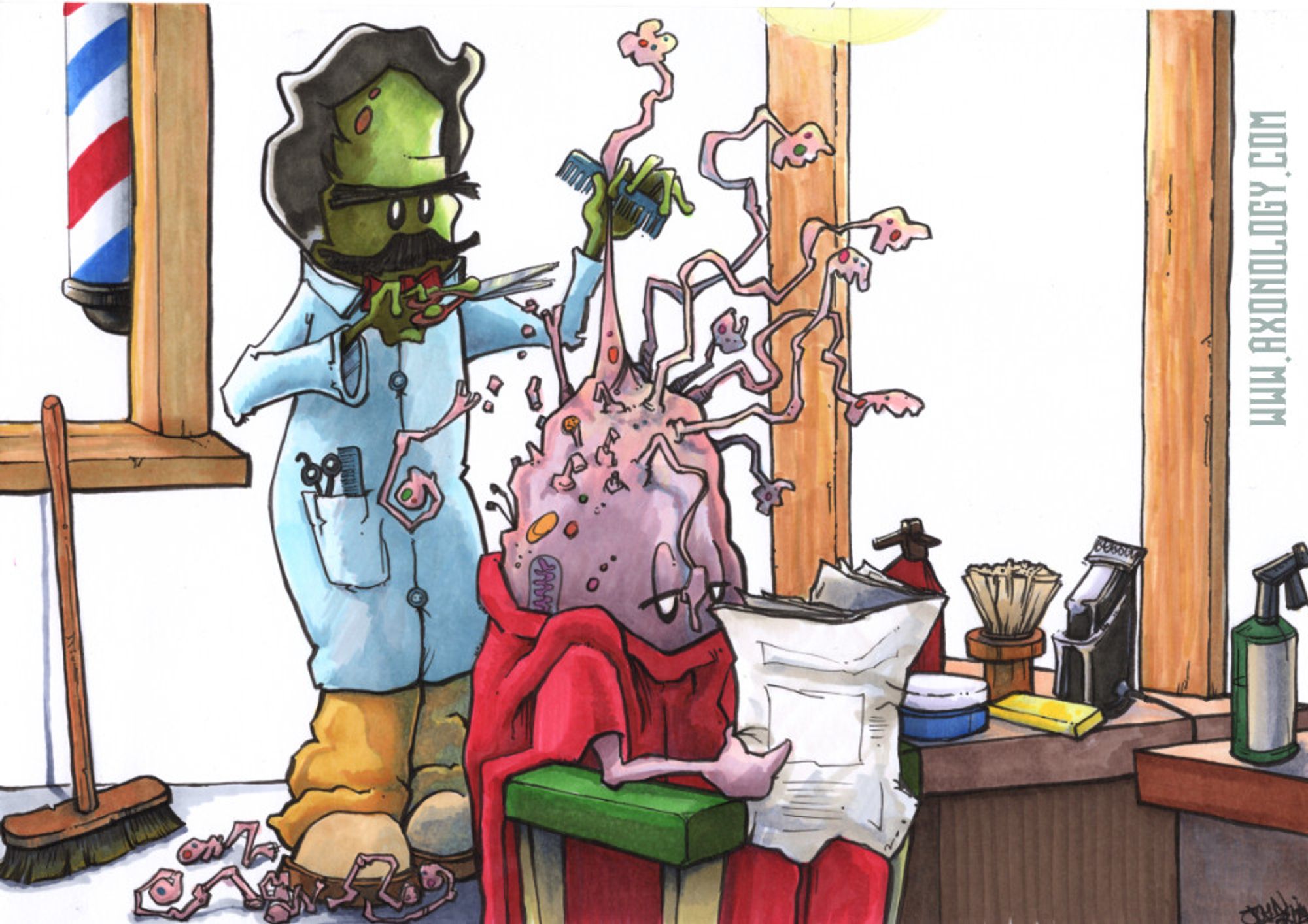 Cartoon microglia dressed as a barber cutting the dendrites of a neuron #SciArtSeptember