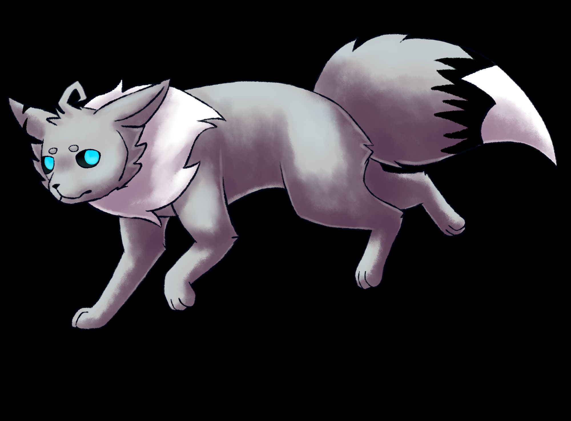 side view of a silver eevee with black eyes and cyan pupils and black zigzag band around the middle of the tail