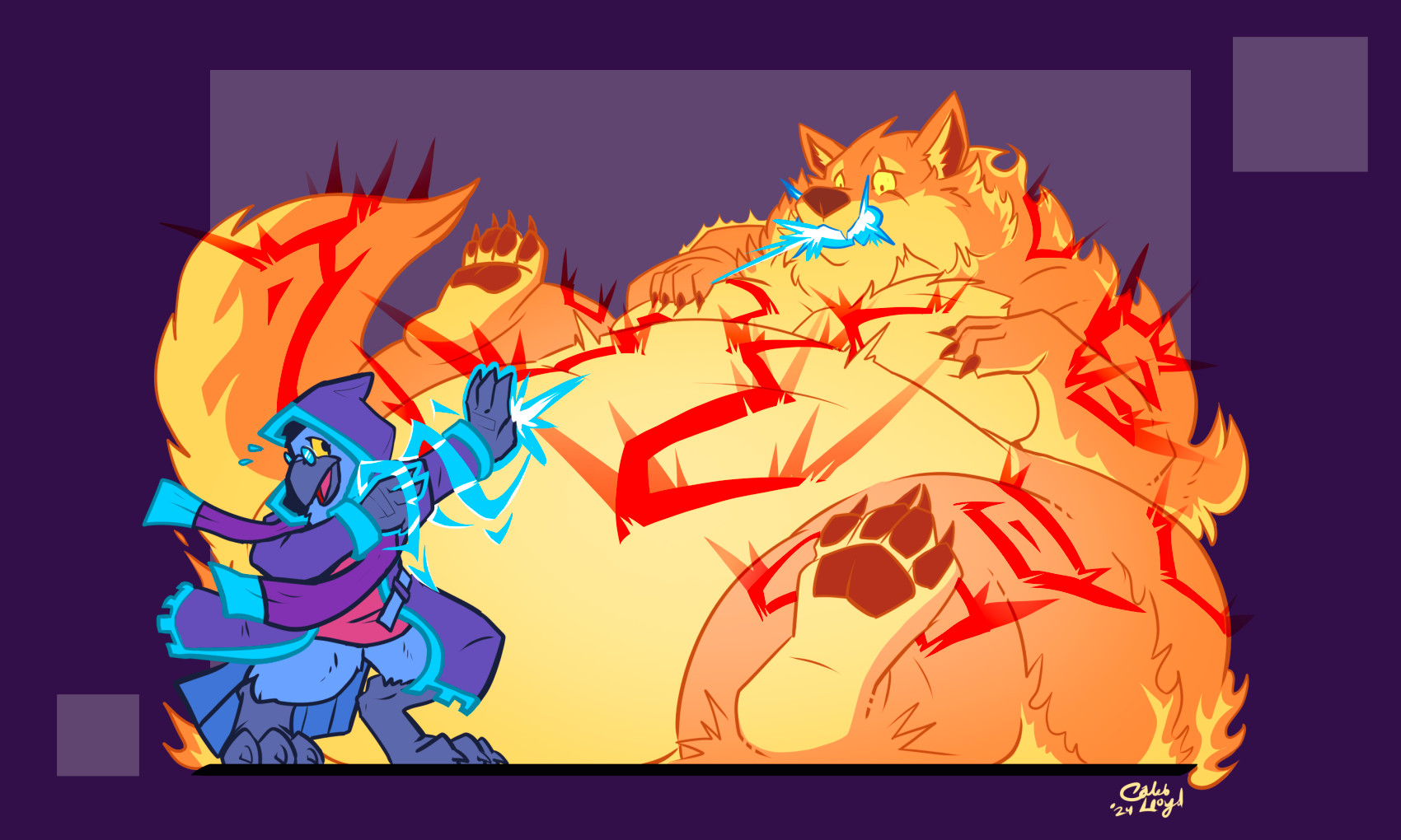 Zena, kenku, shooting off a fireball into Oliver Noms, warlock shifter, who has transformed into a fire elemental. The fireball causing the wolf to become very round.