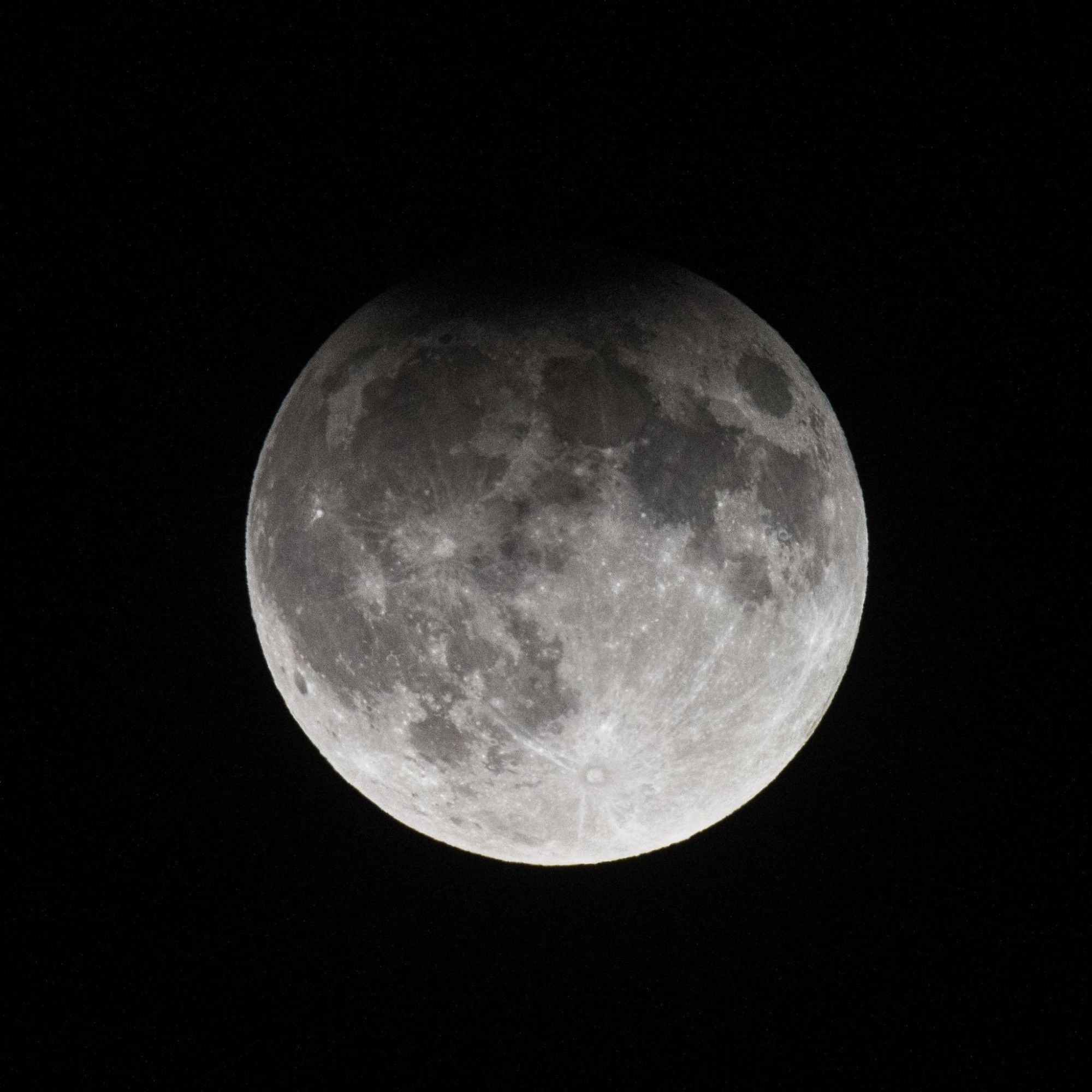 Moon showing lunar eclipse shadow at very top.