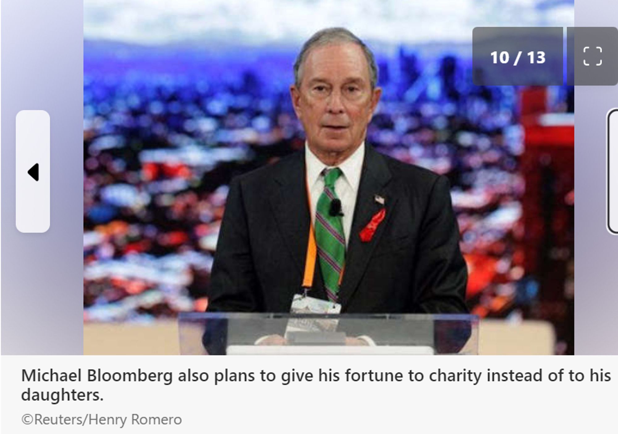 Picture of Bloomberg, in a nice suite, with green tie.
Michael Bloomberg plans to give his fortune to charity instead of to his daughters.
©Reuters/Henry Romero