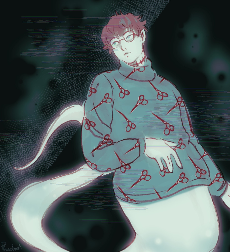 art of a glowing ghostly figure.  he is wearing a sweater with a scissors pattern and glasses.  he has a scar around his neck and short messy brown hair