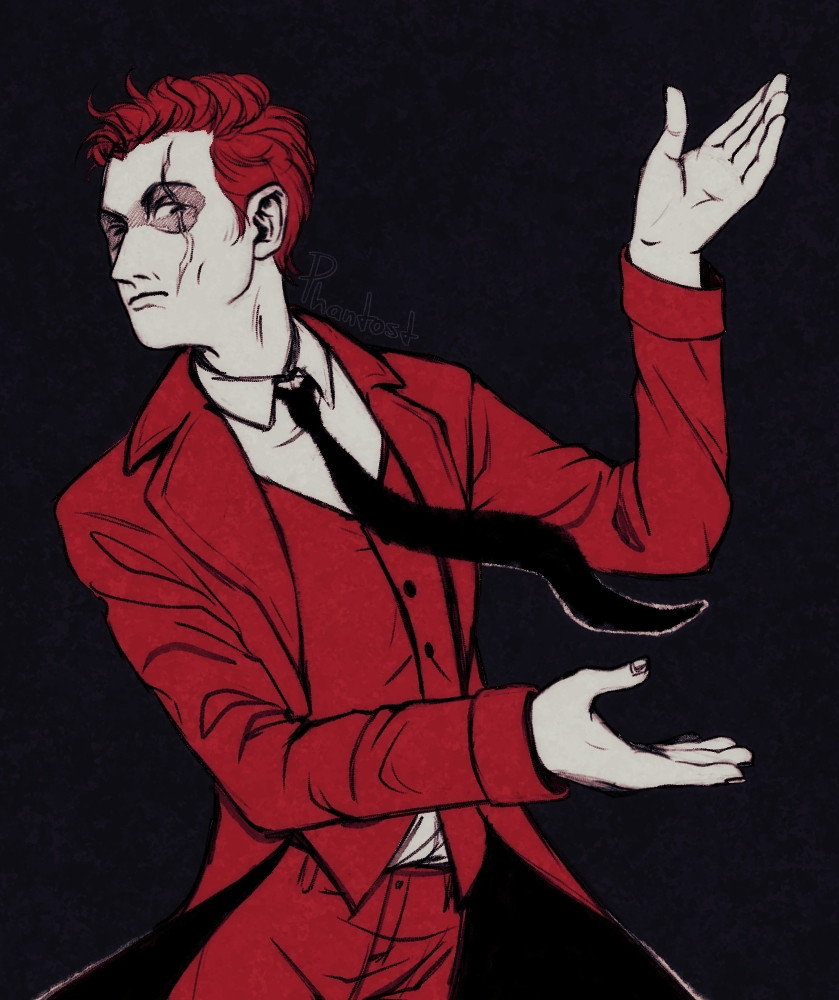 A black, red, and white illustration of a man, Larten Crepsley, with a large scar down the side of his face.  He is dressed formally and is gesturing performatively.