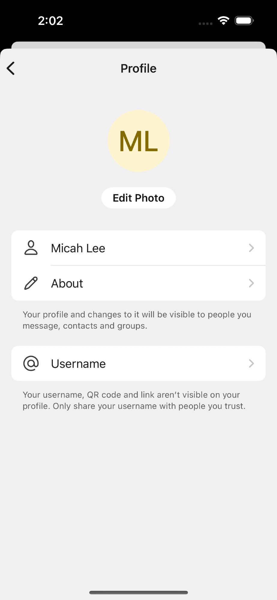 My Signal profile before adding a username