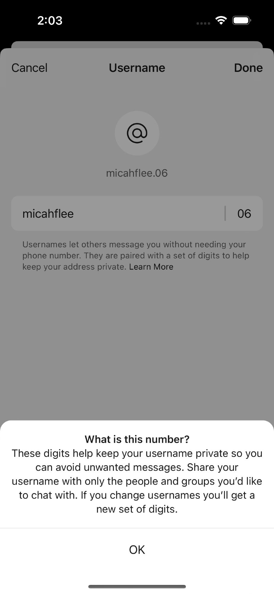 "What is this number? These digits help keep your username private so you can avoid unwanted messages. Share your username with only the people and groups you'd like to chat with. If you change usernames you'll get a new set of digits."