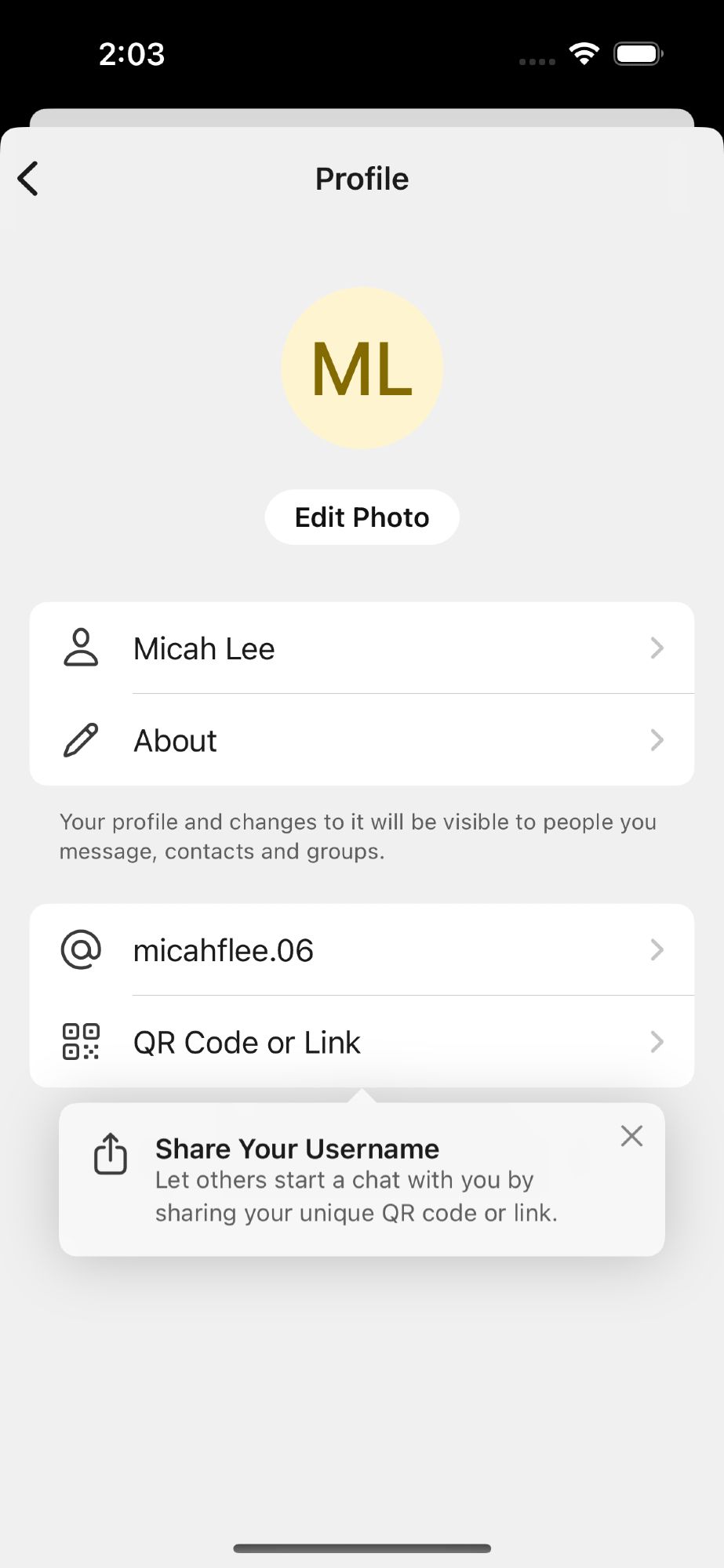 My Signal profile after I've set the username micahflee.06