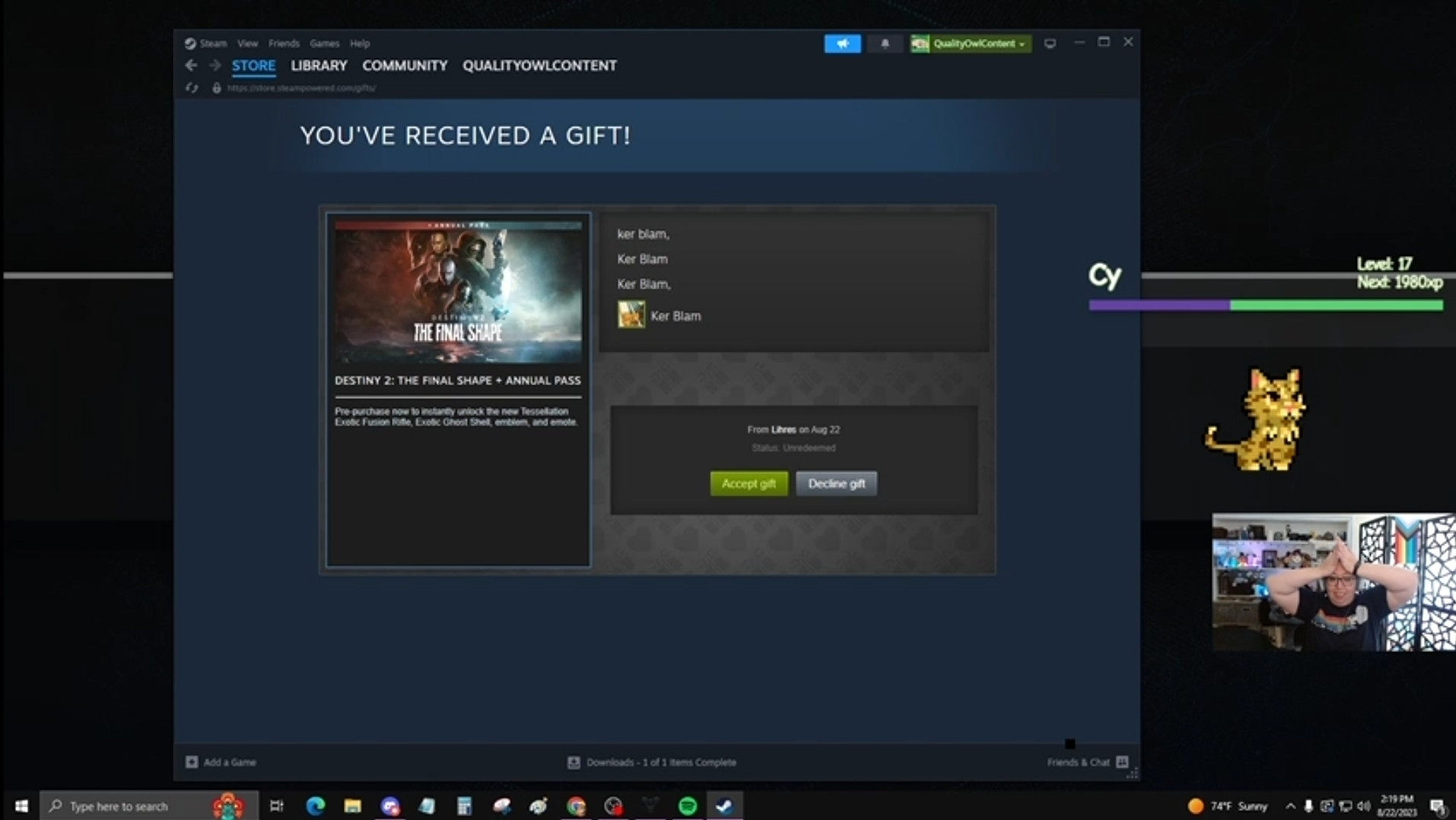 Screenshot of my Twitch stream showing the Stwam gift popup and my shock at seeing it.