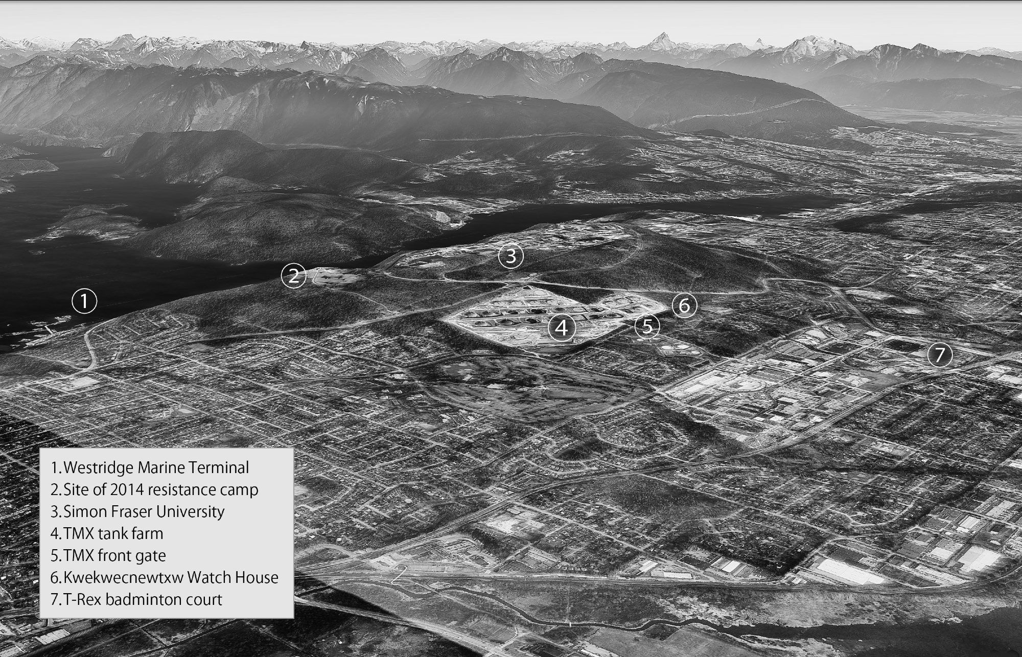 Aerial-photo based map of Burnaby Mountain, pointing out the locations of the anti-TMX resistance actions.