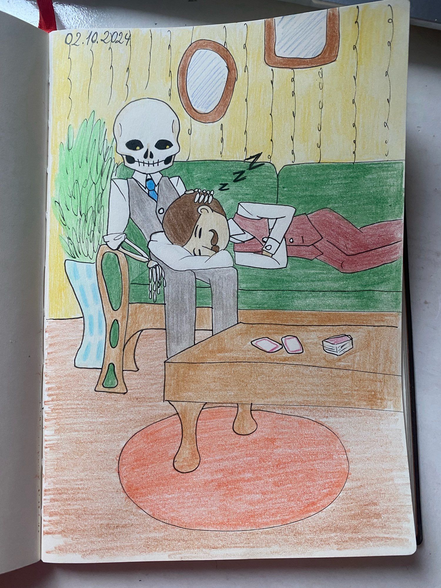 A human and a skeleton napping on the sofa