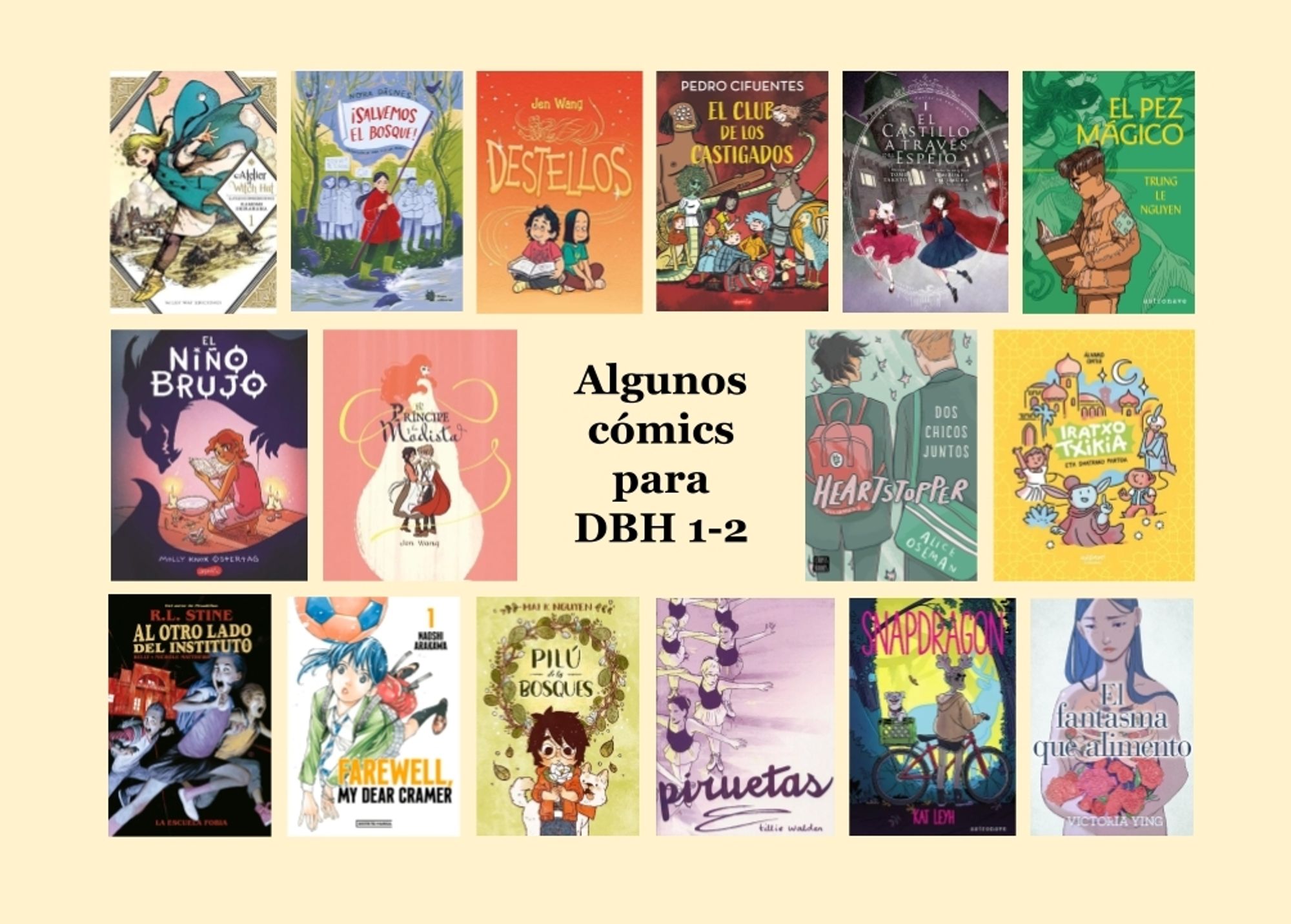 Collage con varias portadas de cómics que serán desgranados en los bluits de este hilo poco a poco. En el centro, el texto "Algunos cómics para DBH 1-2".