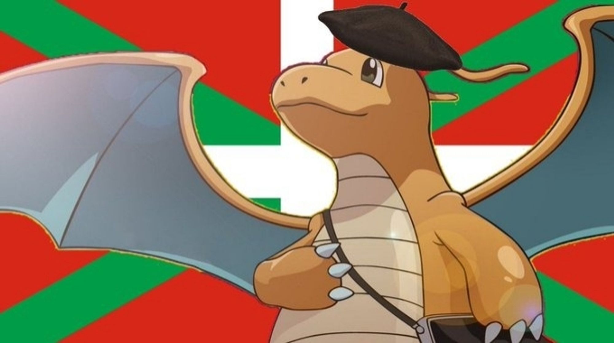 Meme de Dragonite con la mano al pecho. Lleva txapela y, de fondo, la ikurriña.