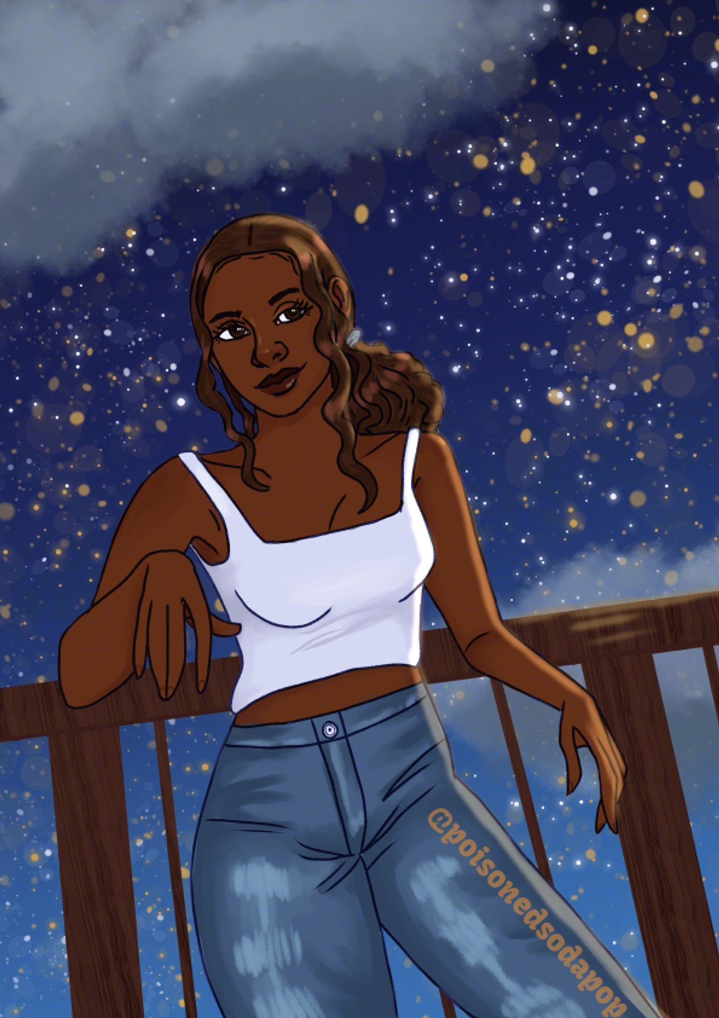 An illustration of a woman leaning against a wooden balcony. She has a star filled sky in the background and is being illuminated by the natural lighting. She is wearing a light tank top and light colored jeans. She has her brown curly hair in a ponytail.