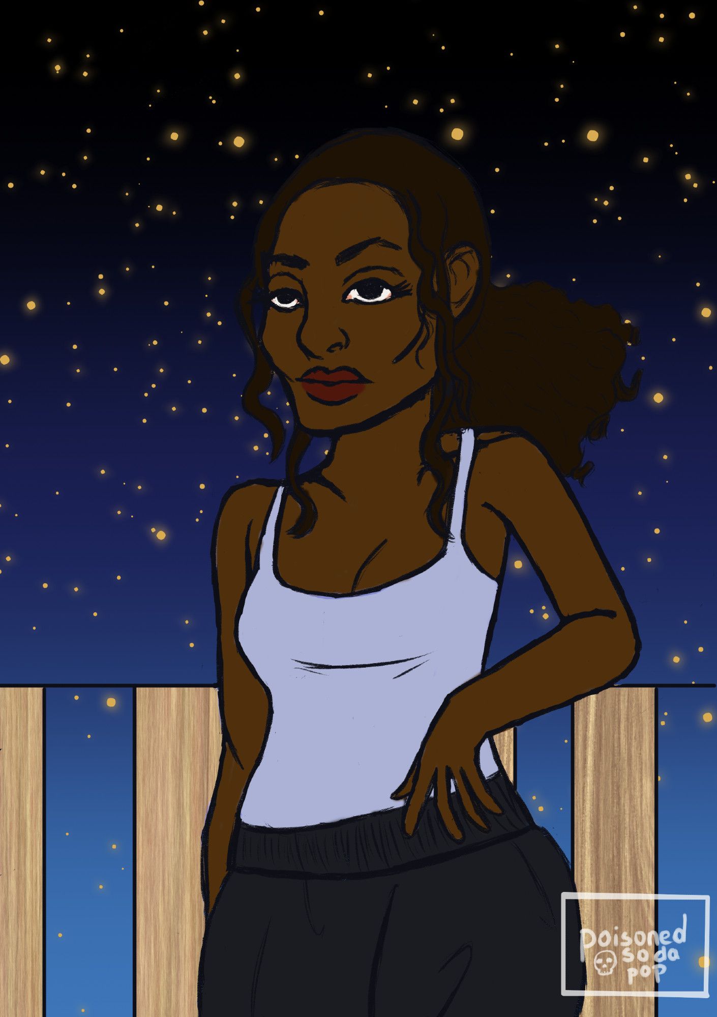 An illustration from 2022 done for witchtober. It features a woman standing against a balcony with a starry night sky in the background. She is wearing a very light blue tanktop and black sweatpants.