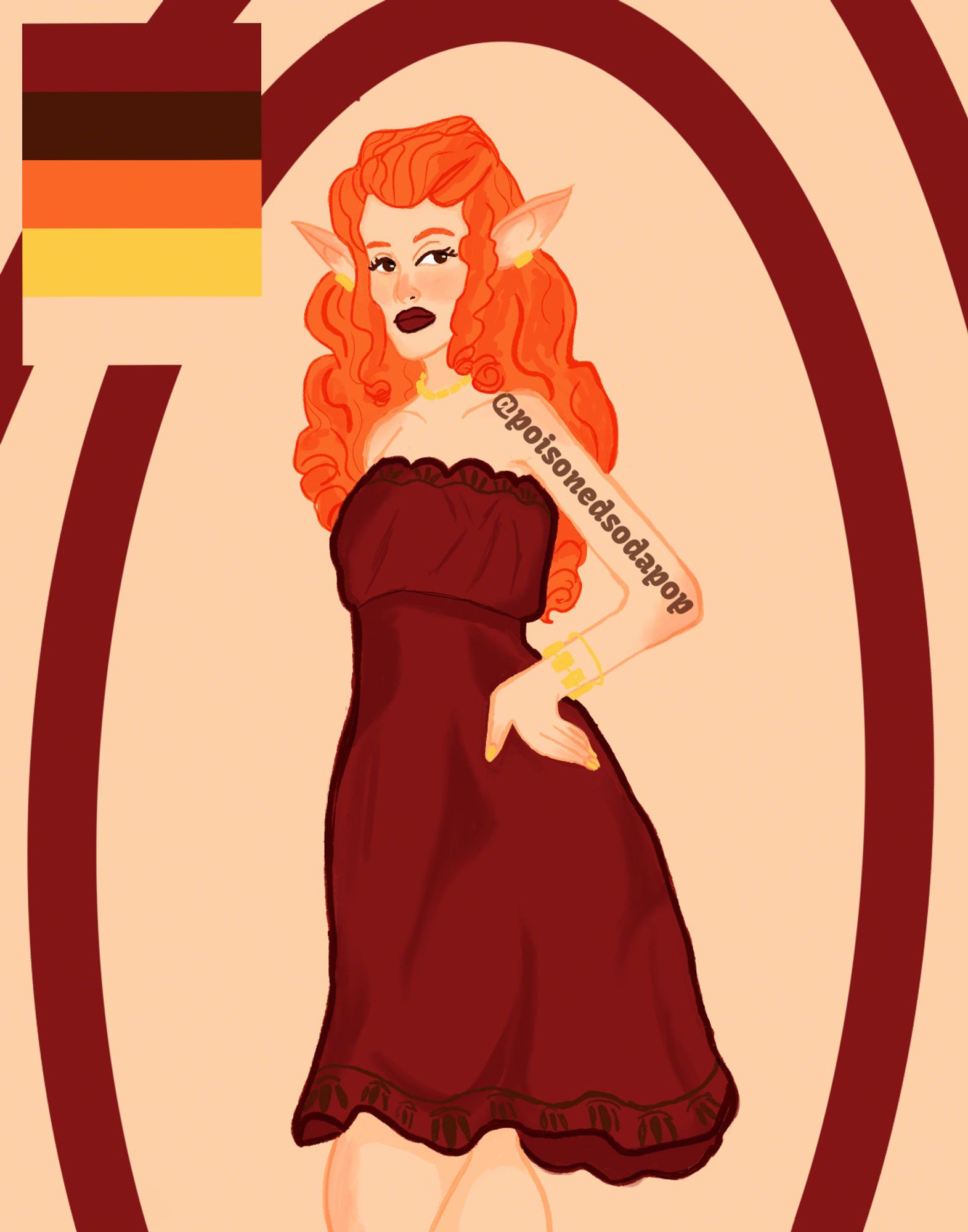 An illustration of an elven woman in a red dress. She has red hair, brown eyes, and gold jewelry adorning her.