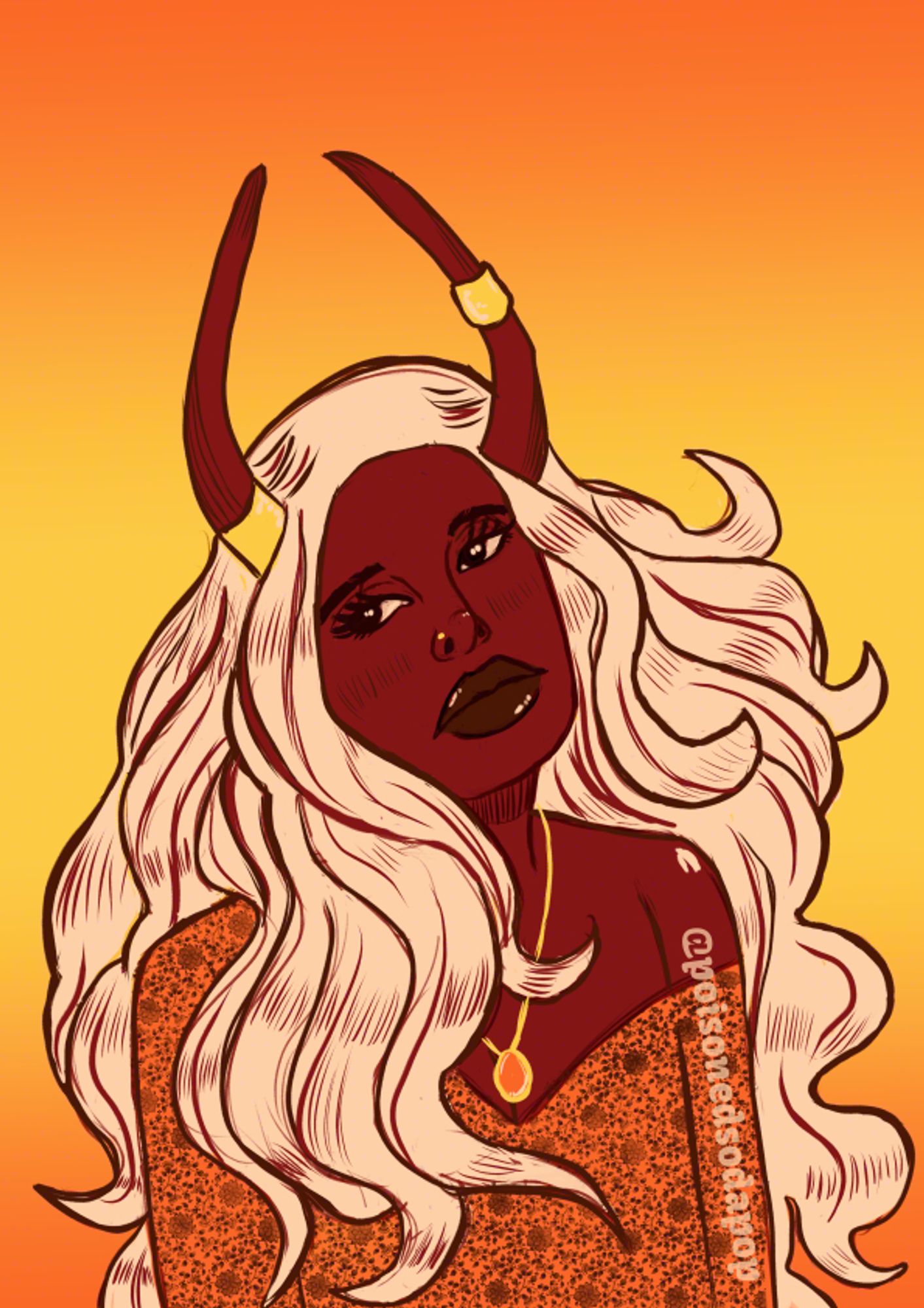 An illustration of a woman with red skin and horns dressed in an orange top with brown lace overlaying it. She has white hair and gold jewelry wrapped around her horns and a gold necklace.