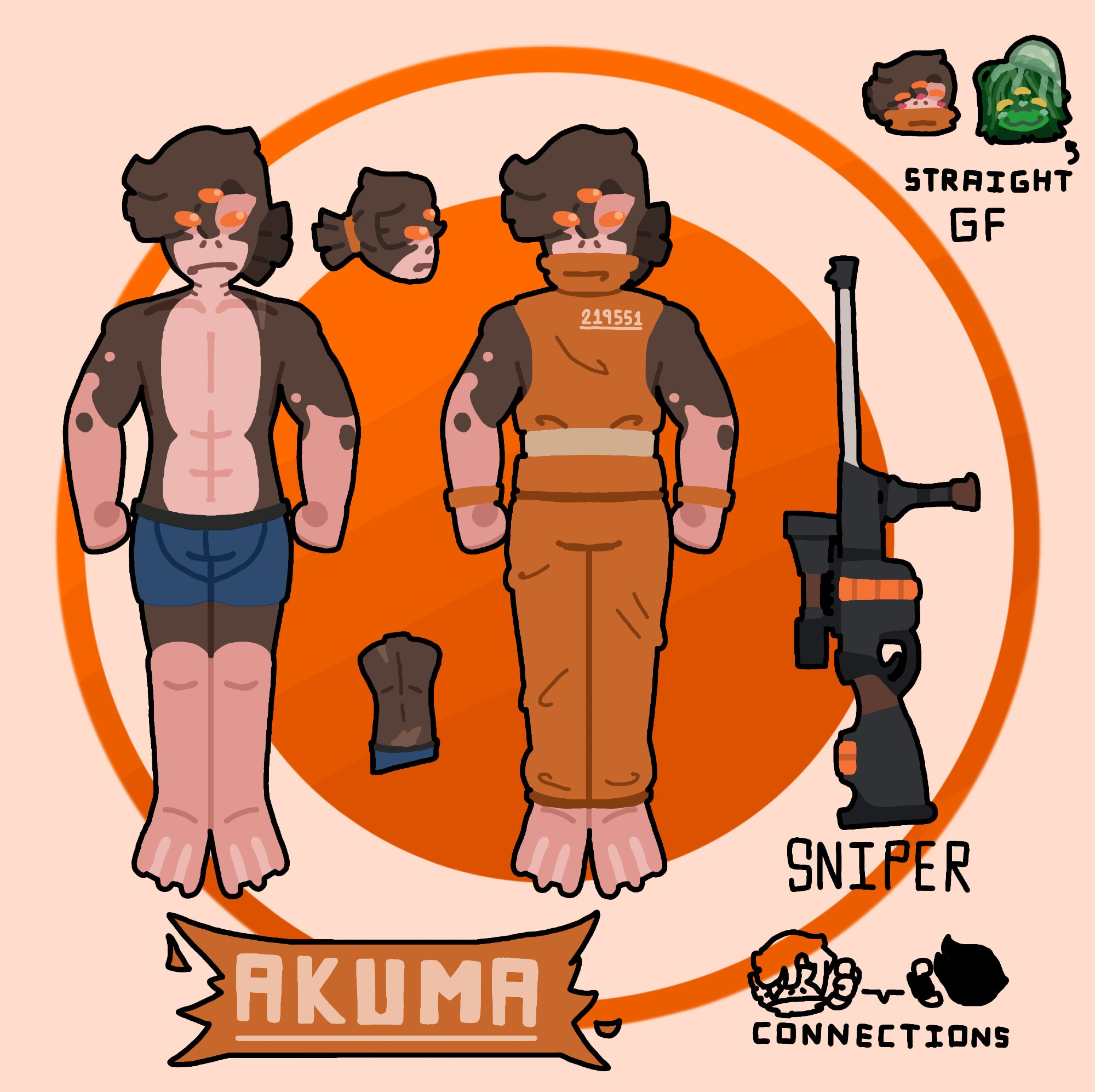 A ref sheet for an OC. The OC is a hylotl from Starbound who is wearing a jumpsuit, and he has a sniper rifle to the right of him.