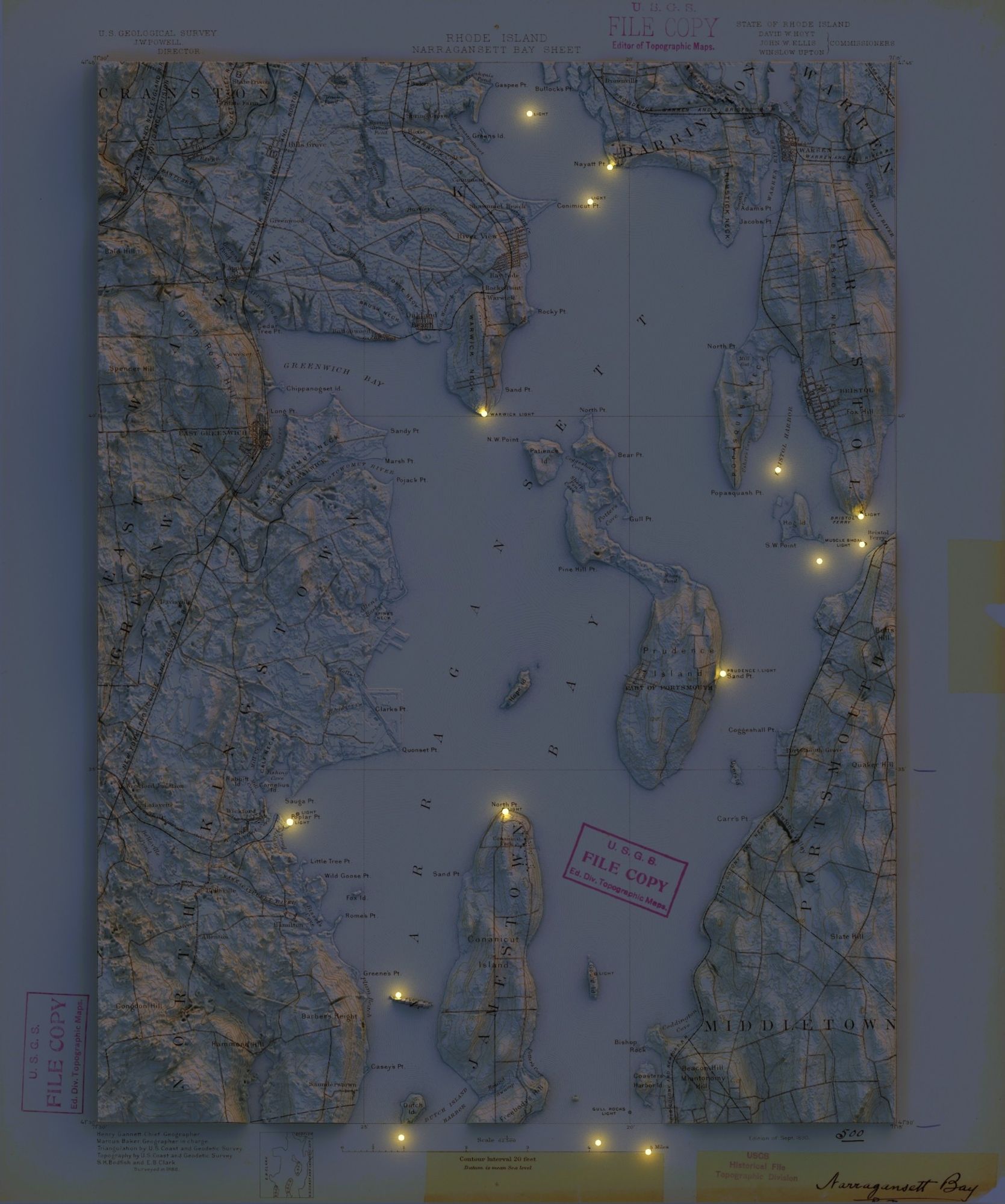 A visualisation of the lighthouses of Narragansett Bay over an historical USGS map