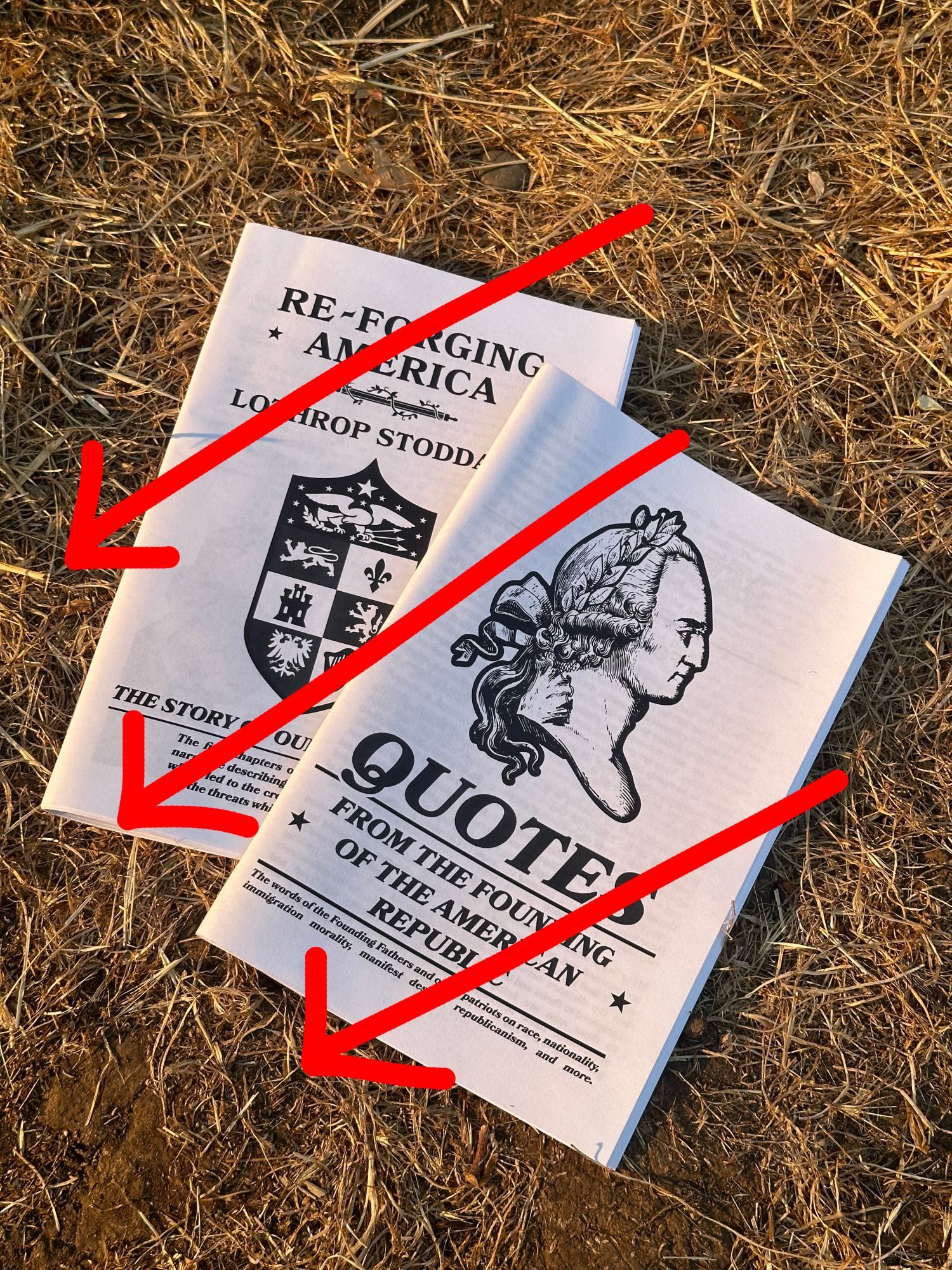 Two patriot front zines lying on dead grass. The zines look like assigned reading in a middle school American History class by their dorky designs. Three red arrows have been added onto the photo.