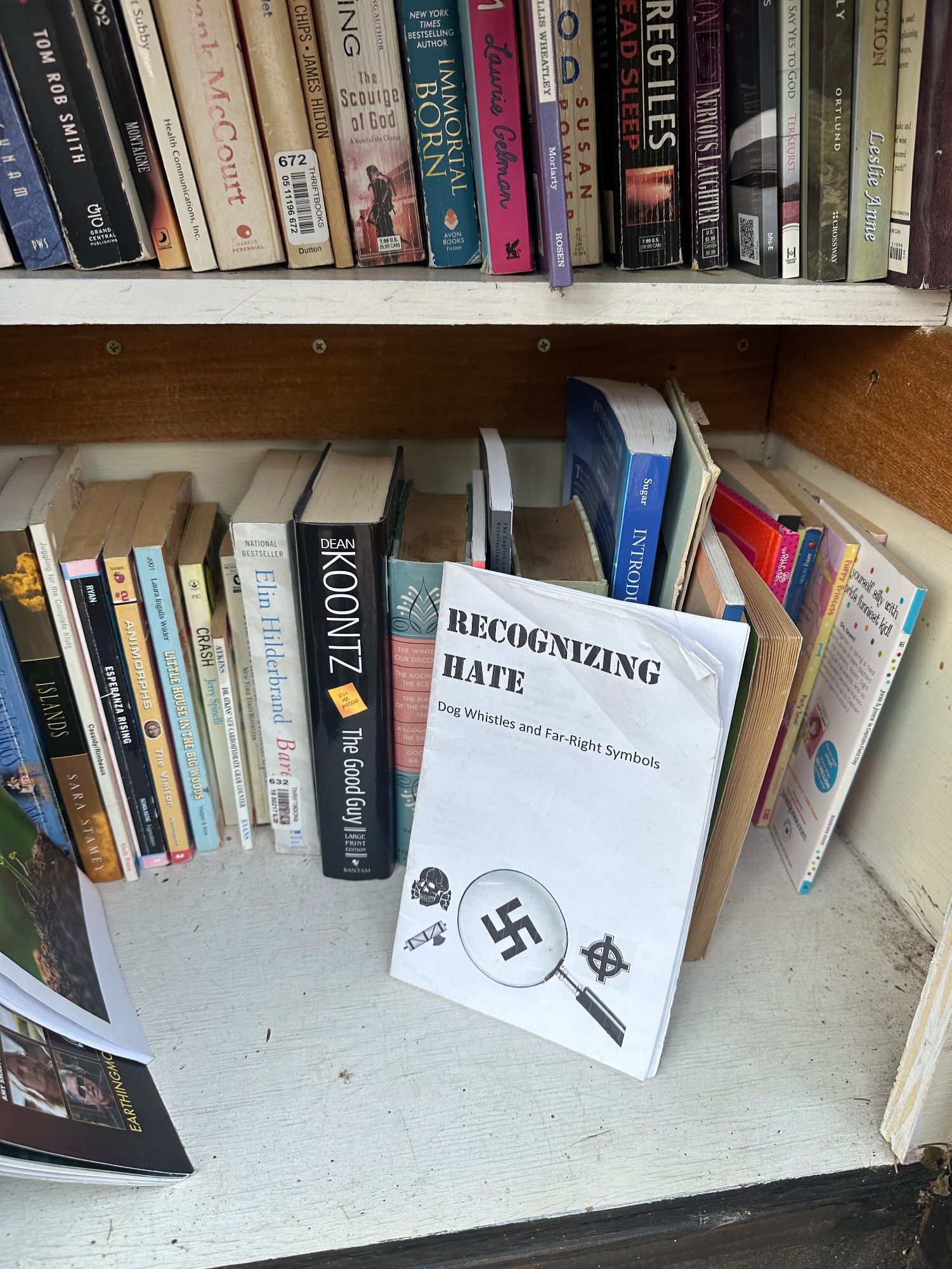 A photo of the same little free library as the last one, but the patriot front zine has been removed and replaced with an antifascist one titled "Recognizing Hate. Dog Whistles and Far right symbols."