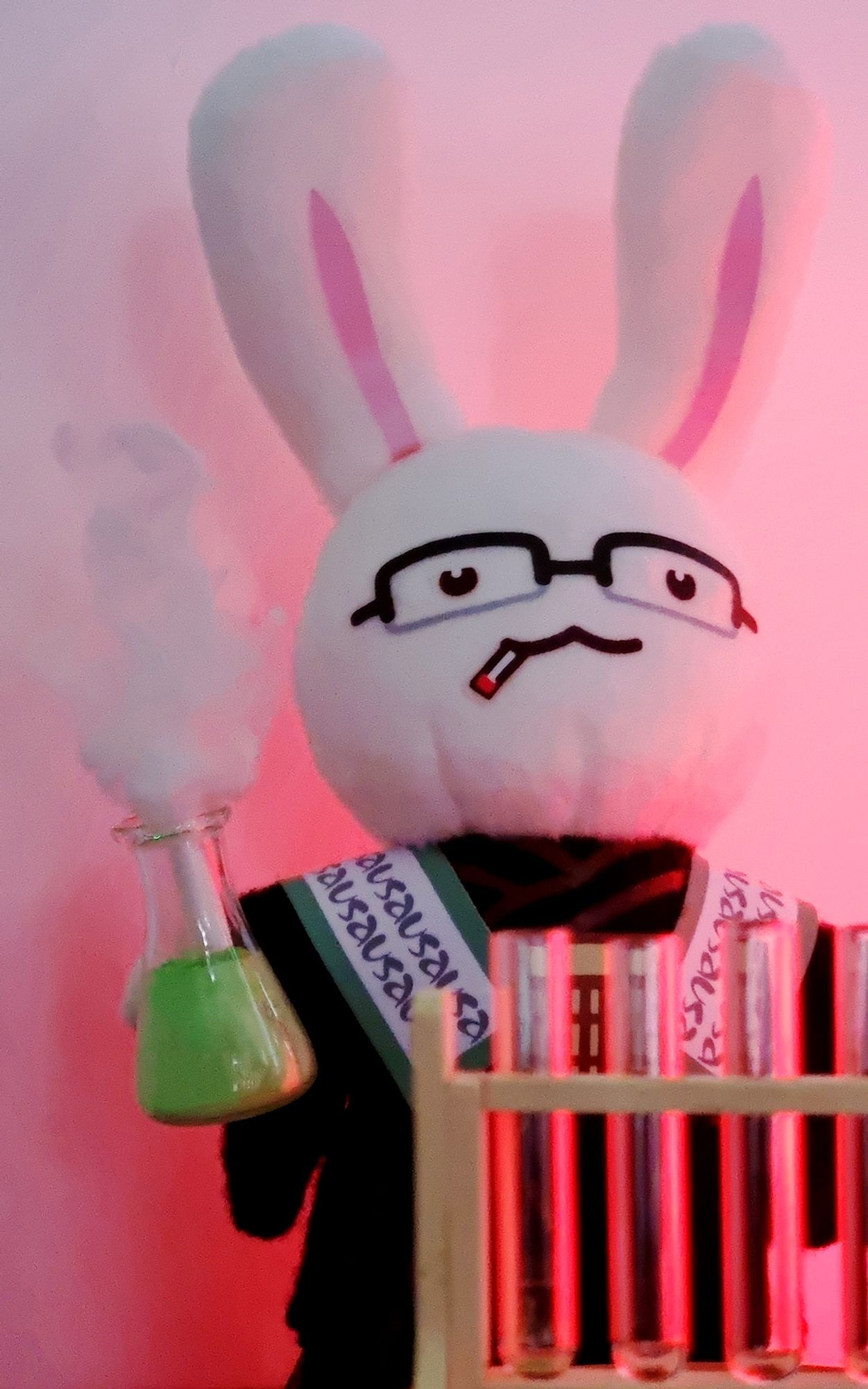 rabbit plush of Ukoku Sanzo holding a tiny, steaming Erlenmeyer flask with green contents, in the foreground a selection of small test tubes can be seen.