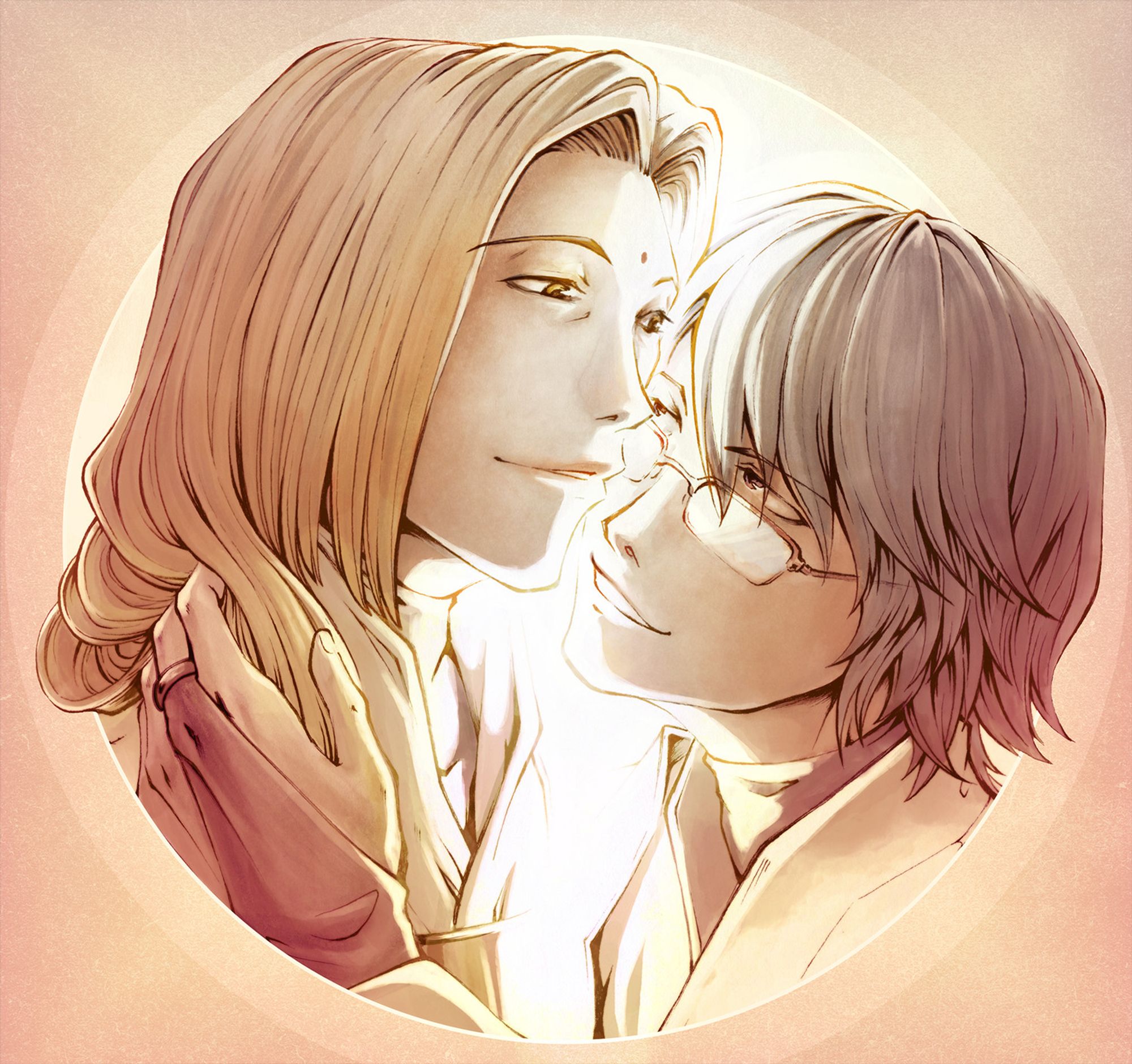 backlit portrait of Koumyou and Ukoku who is, once again, fondling Koumyou's hair because I'm a one-trick pony.