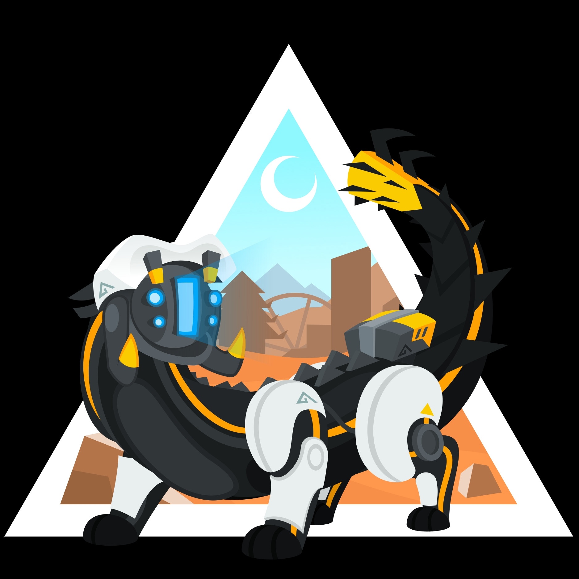 A vector drawing of a Burrower, a robot from Horizon Forbidden West.
It looks like a weasel or an otter, a slim body with short legs and long tail. Its head is made up of a large camera with a rectangular lens. On the tip of the tail is a large yellow claw meant for grabbing rocks to throw at its enemies.
The body is mostly black with yellow veins and wires. The legs and head are covered with white armour panels.
The Burrower is standing in a orange desert, a few rocks are scattered around. The rusting ruins of Las Vegas can be seen in the distance, peeking out of the sand dunes.
The robot and environment are framed within a triangle.