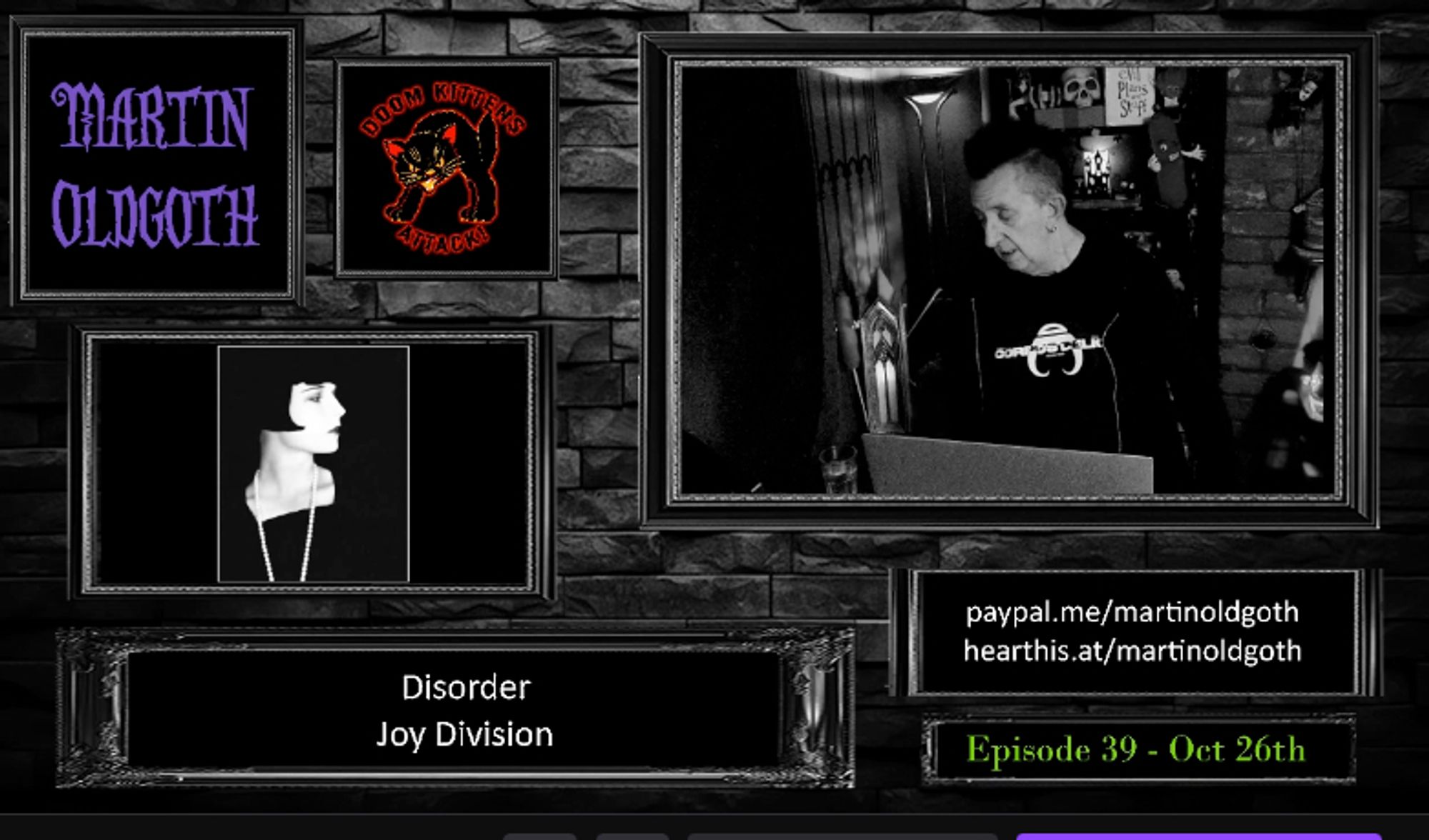 Screen cap of a Twitch tv stream by Martin Oldgoth. On the screen, all in black and white with colour accents, Martin is DJ'ing and various bits of information about the stream appear.