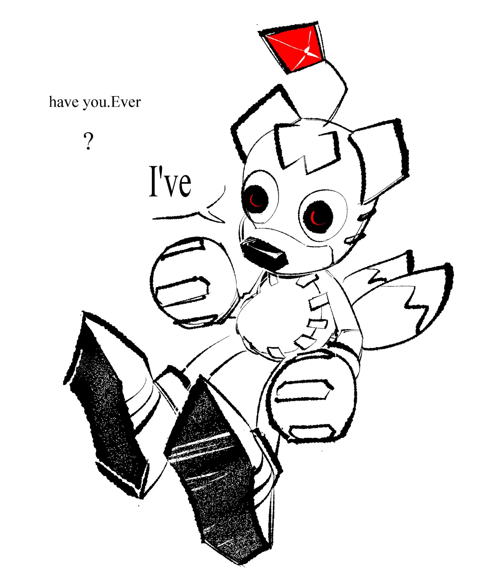 Tails Doll, sitting in a white void, with only its gem-ruby-thing and "pupils" colored red. He says, with a stitched paw slightly lifted,
"have you.Ever
"?
"I've"
The text of "I've" is particularly large compared to the previous.