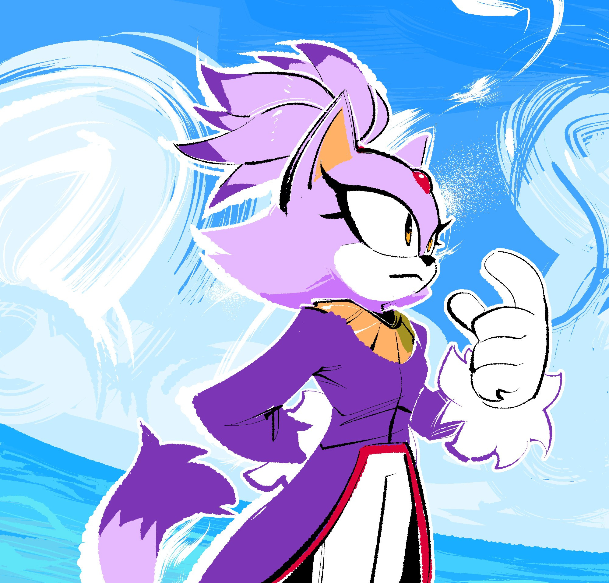 Blaze the Cat, standing thoughtfully with a vast oceanscape behind her. She's outlined with white wisps of air. No, not those kinds of wisps, just wisps in the traditional sense of like, tufts of air or steam or smoke or something