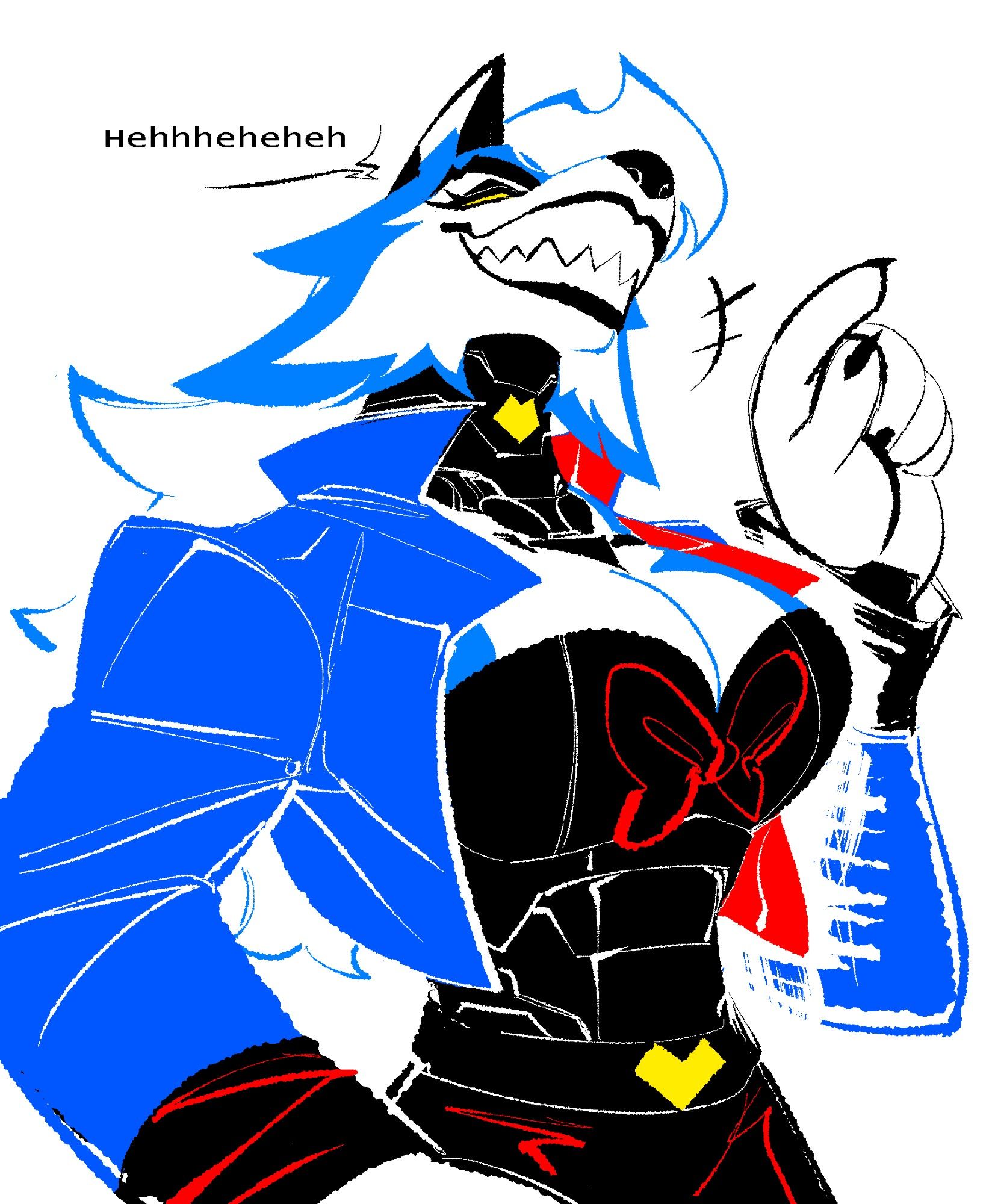 Kaita, wearing a deeper-blue cropped jacket and black pants here, says, "Hehhheheheh" as she lifts a finger and chuckles at something offscreen, her eyes narrowed in. Amusement, I guess. You can see her black, mechanical neck and torso more clearly at this angle. You can also make out her sharp teeth, given how widely she's grinning.