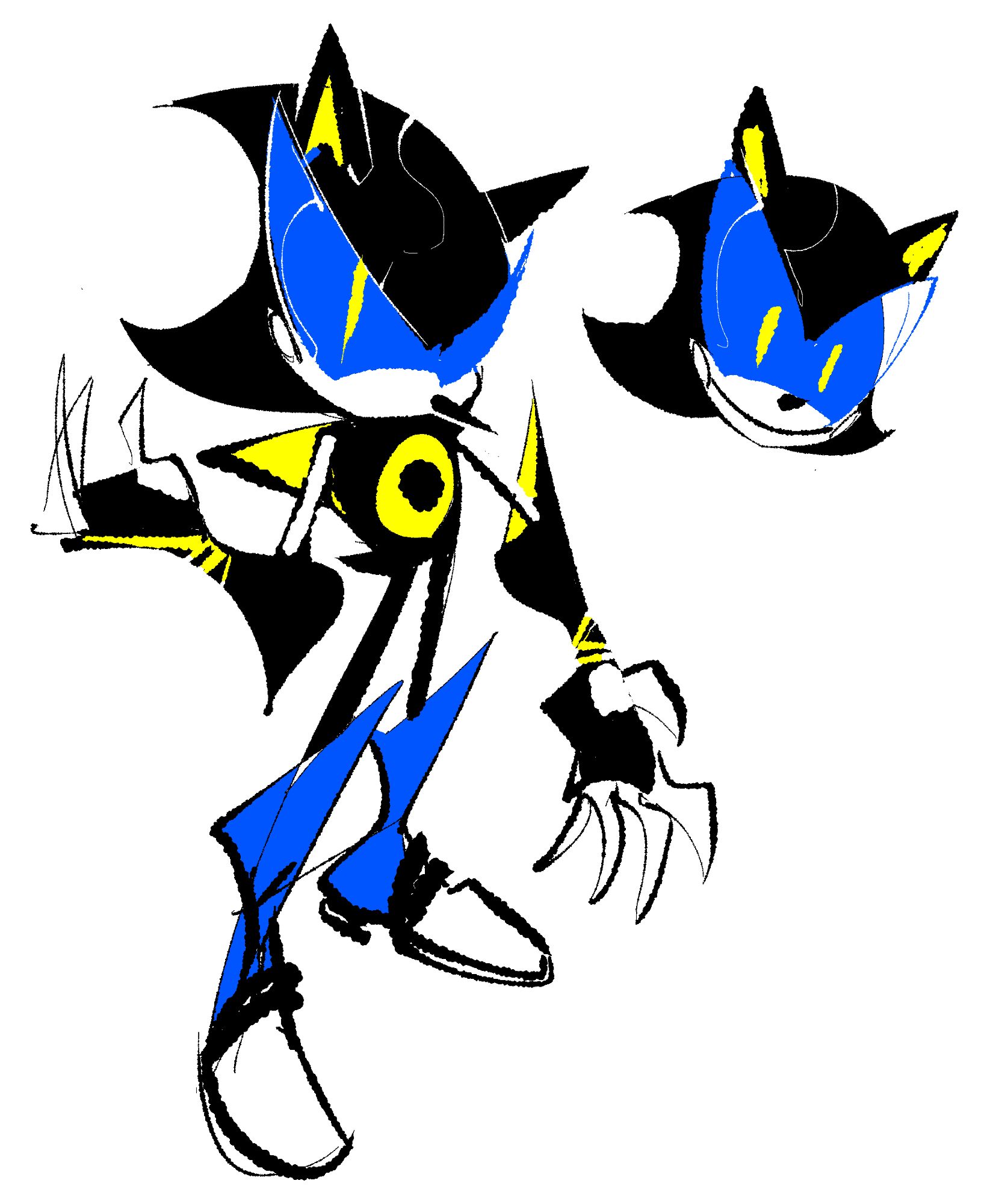 Simpler drawing of Metal Sonic, looking neutrally at the viewer with his claws out. There's a headshot of him giving a wide, simple smile. He looks very polite :)