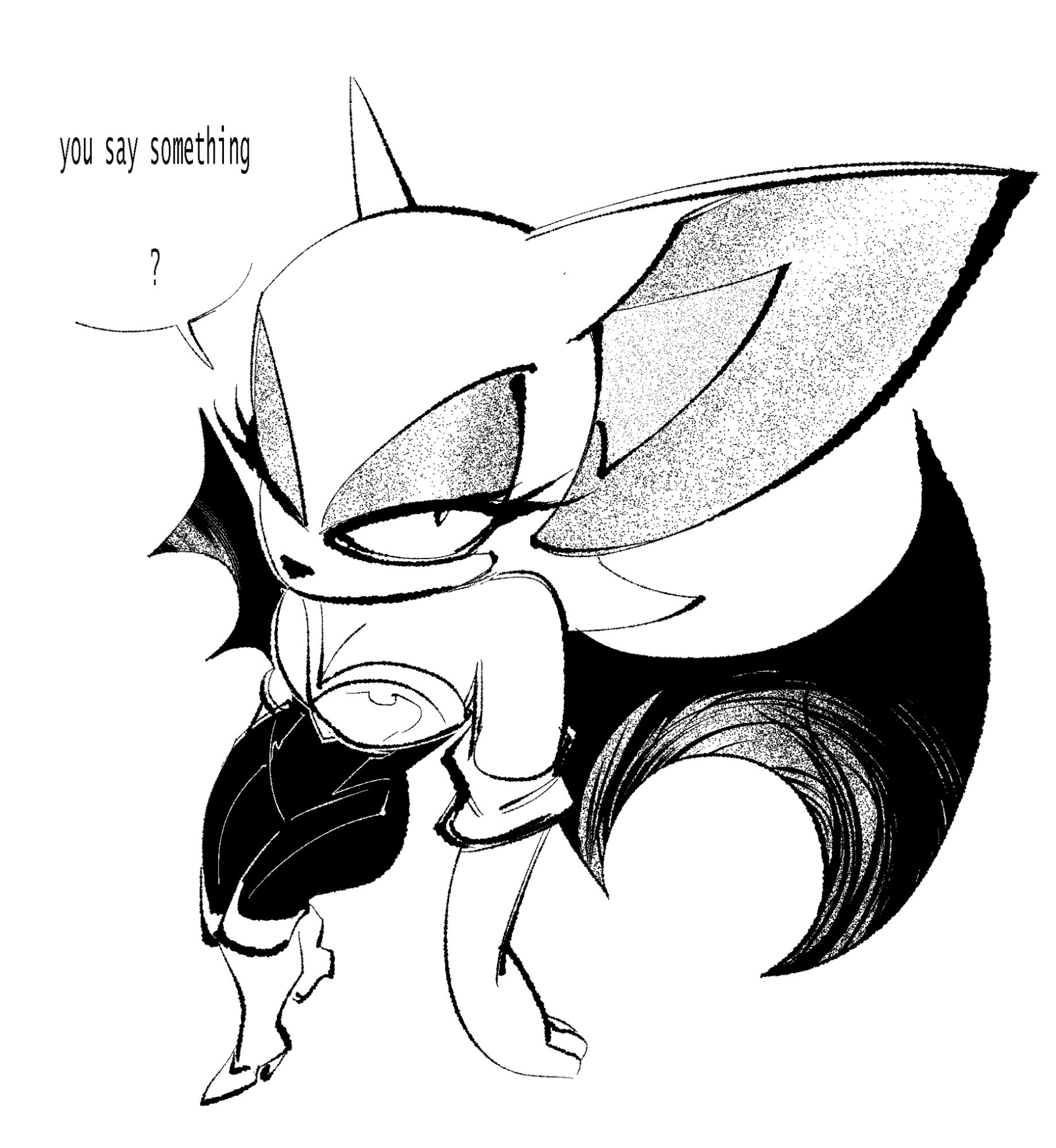 Rouge the bat, seen from a sort of downwards angle, fish-eye lens kinda look, as she looks up at the viewer with a glare. Her left ear almost seems to stretch towards the viewer due to the perspective. She says,
"you say something
"?"