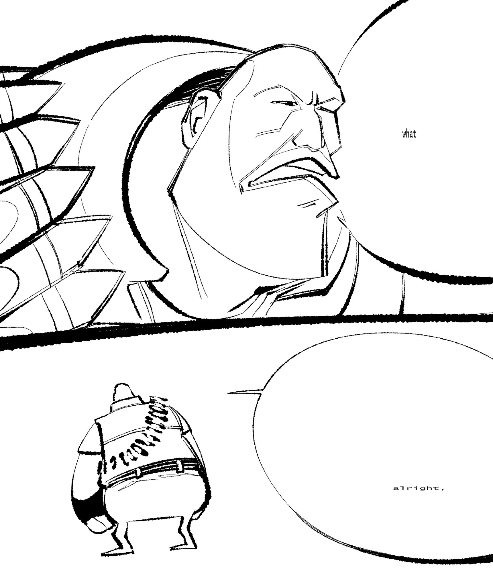 Heavy Weapons Guy from Team Fortress 2 leans forward, eyes squinted as he quietly utters a tiny, "what"

In the next panel, he's further away, back facing the viewer, as he utters a similarly tiny, "alright"

Both of these are referencing his voicelines, in which he asks "What was that, sandvich?" and "Alright. WHO TOUCHED MY GUN?!" respectively