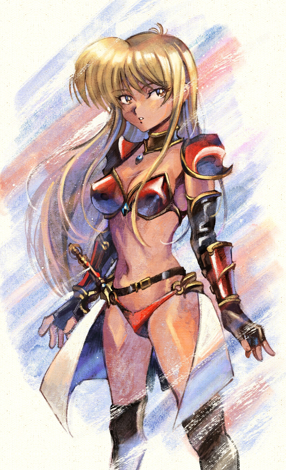 Blonde girl in red bikini armour