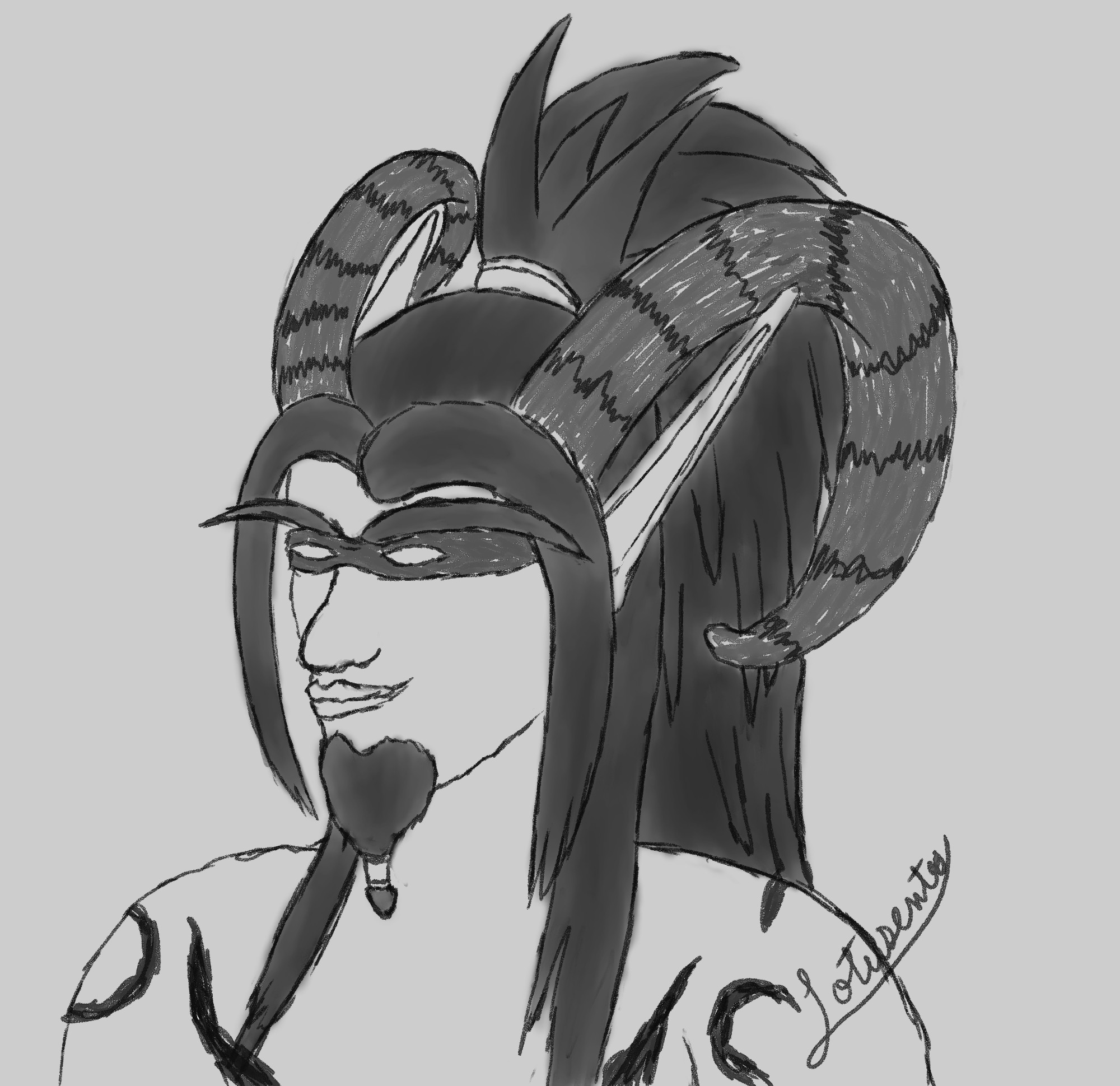 black and white bust sketch of a blood elf demon hunter looking kinda snarky