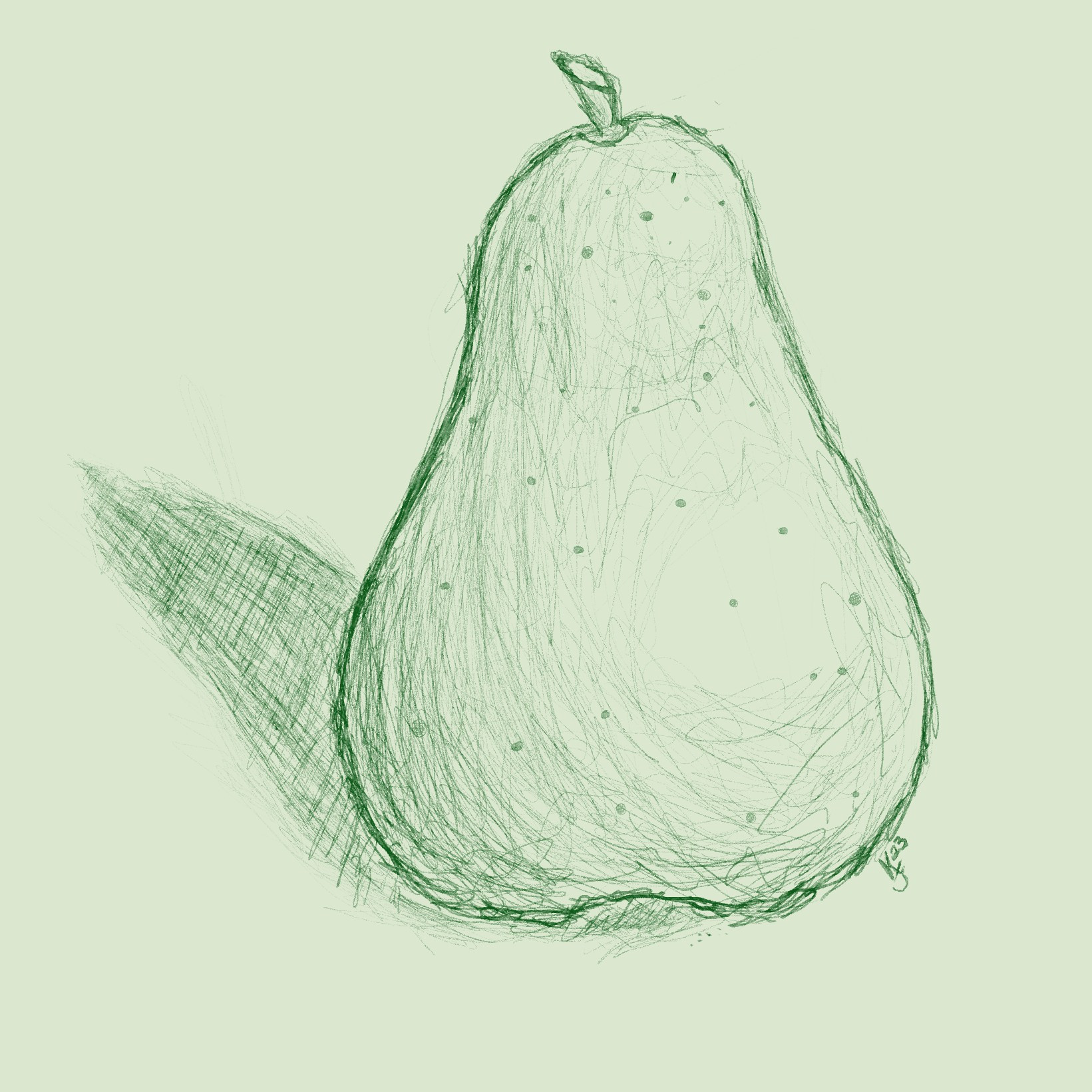 green sketchy doodle of a pear on a green background. it's very green.