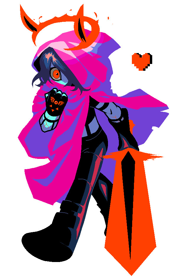 It's a digital art depicting the dark world Kris from the indie game Deltarune. Instead of their usual short cape, Kris is wearing large, hooded poncho with a big opening to their left side of the body, covering most of their head but exposing right side of the face, notably the glaring red eye. Instead of their usual knight armor, Kris is wearing a sleeveless vest and leather pants connected with suspender belts, a pair of leather boots, a leather gauntlet and an open finger glove on each hands in an asymmetric manner, all in pitch black color. The glove on the right hand has red Deltarune symbol on its back. Kris is grabbing their poncho near the face with their right hand while holding a crimson conjured blade of eldritch magic with their left hand. There is a red heart in pixel style(like the player soul) floating behind Kris, and there is a red halo with two upward horns to the front side, floating above Kris's head. You can see some ominously glowing red cracks going through the surface of Kris's exposed arms, as if they are suffering some kind of side-effect from wielding the forbidden power.