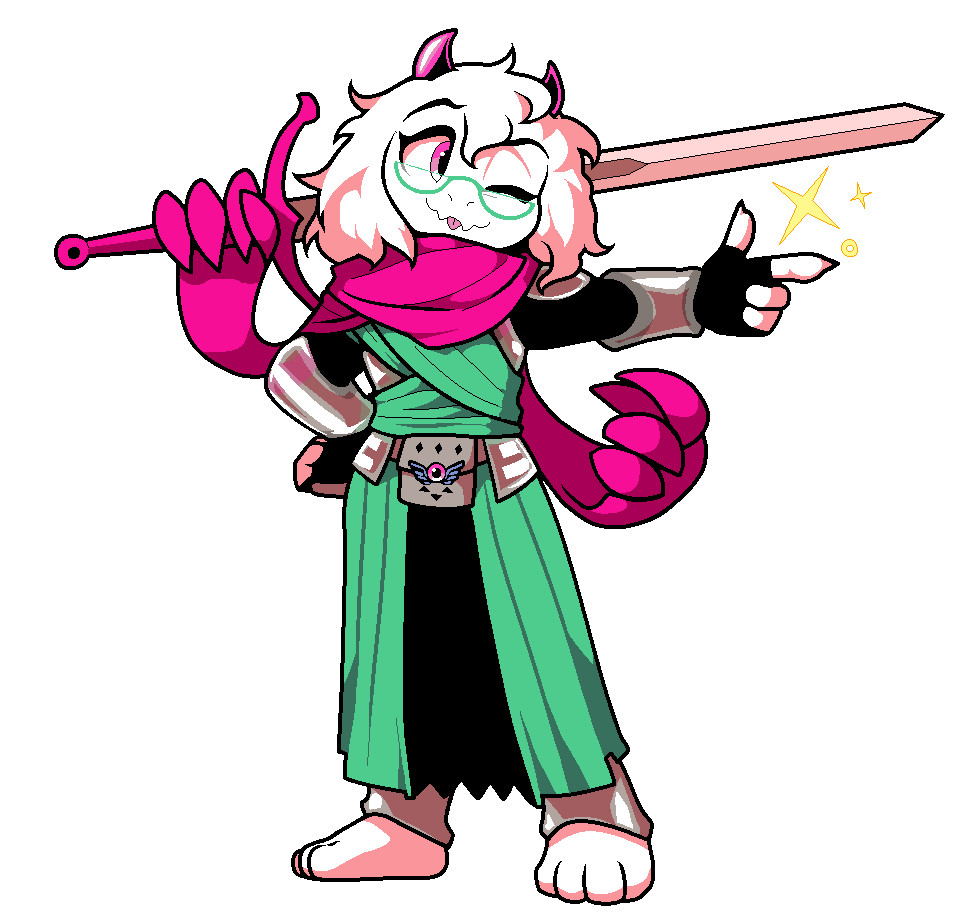 It's a digital art depicting Ralsei from the indie game Deltarune, without his hat. Here he is adopting the theme of 'Fighter' class from Dungeons & Dragons, wearing some type of simplified plate armor covered with teal clothes. There is a pouch hanging in the front of his waist and it has a decoration that forms the symbol of Deltarune. His scarf is extended in two branches and has its own hands at the end of its body. His right hand put on his waist, Ralsei is pointing the right side of the image with his left hand, glancing at the same direction while winking with his left eye. The right scarf-arm is holding a huge two-handed sword, leaning it to his right shoulder.