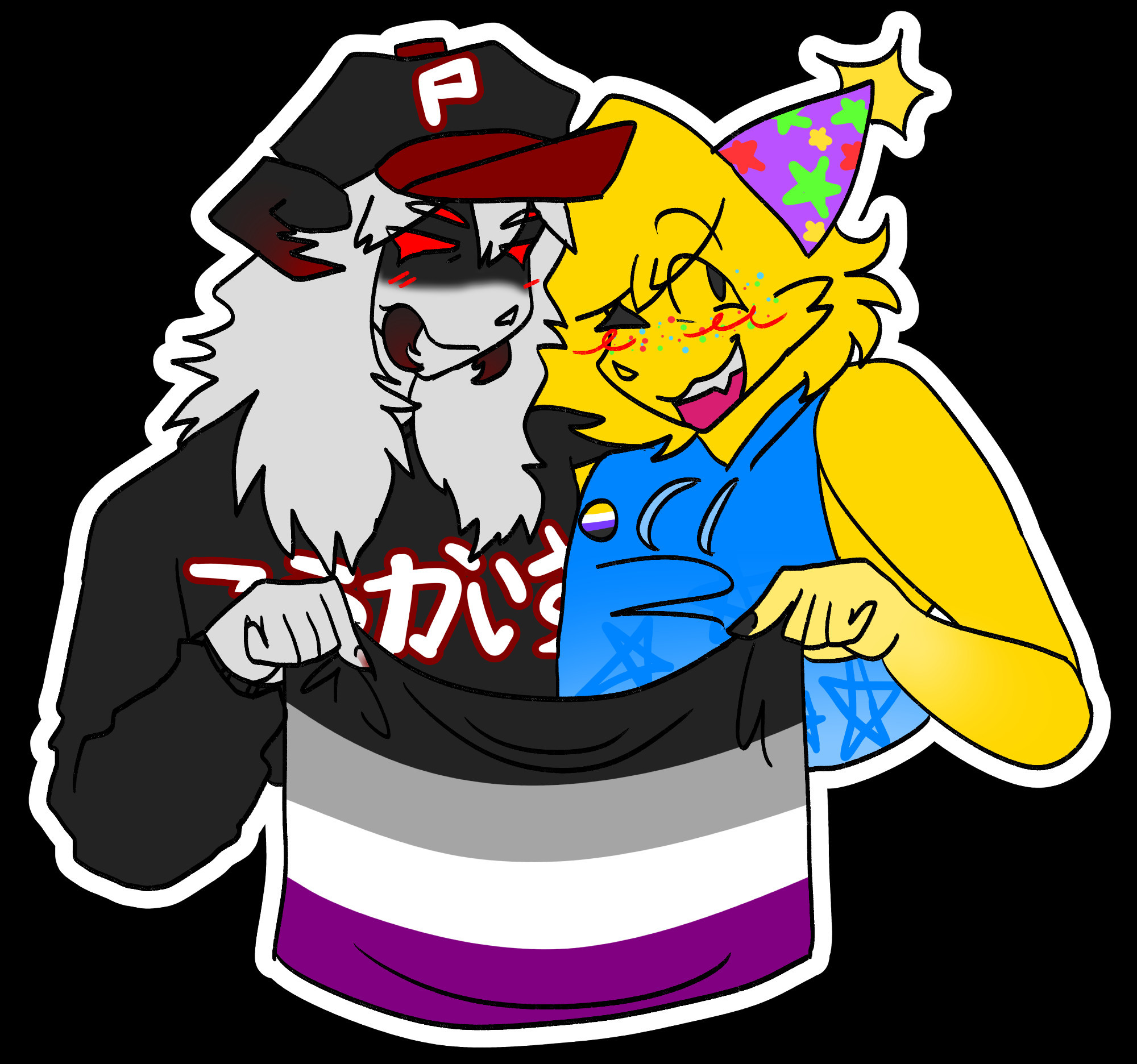 pest and party noob from regretevator standing very close to each other and holding an asexual pride flag together.