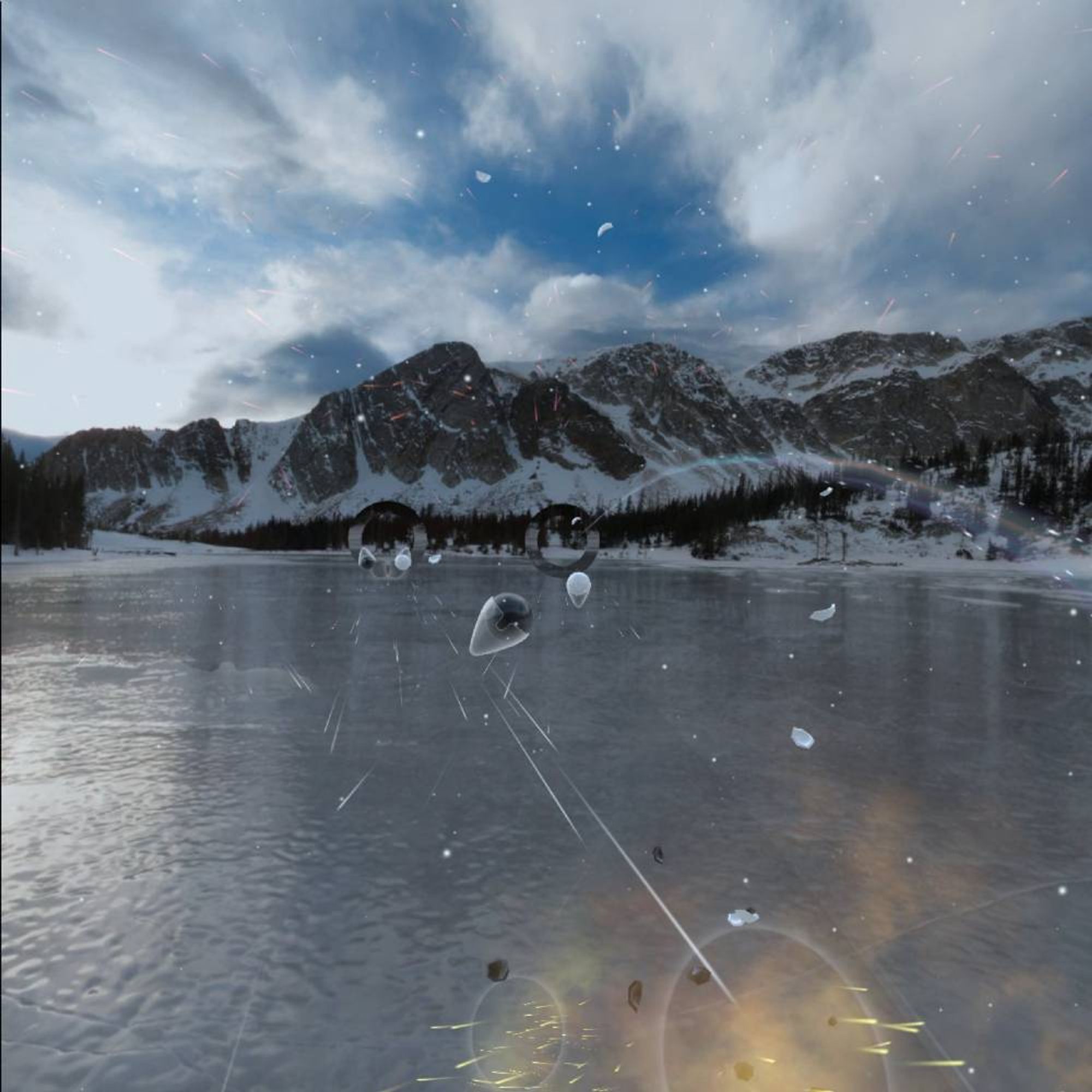 A shot of Mirror Lake, Wyoming from the Pump, You Up 90s workout on Supernatural that I did this morning. It's a winter scene with the lake in the foreground, a cloudy blue sky, and snowy mountains. 