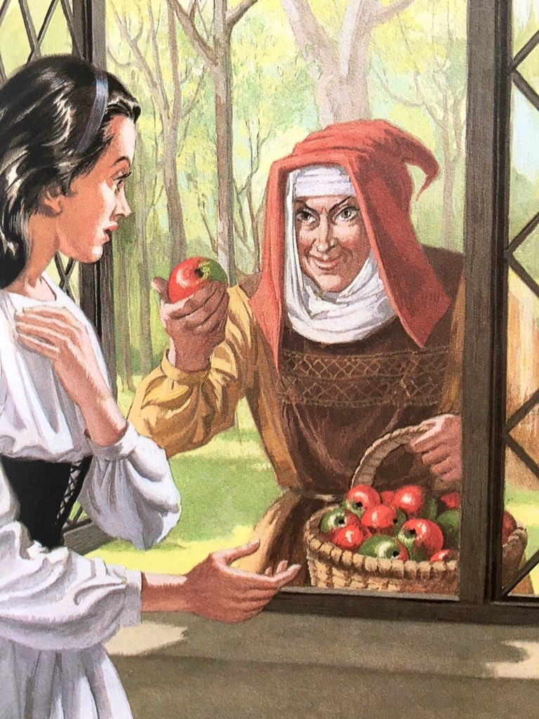 Wicked Witch offers Snow White an apple.