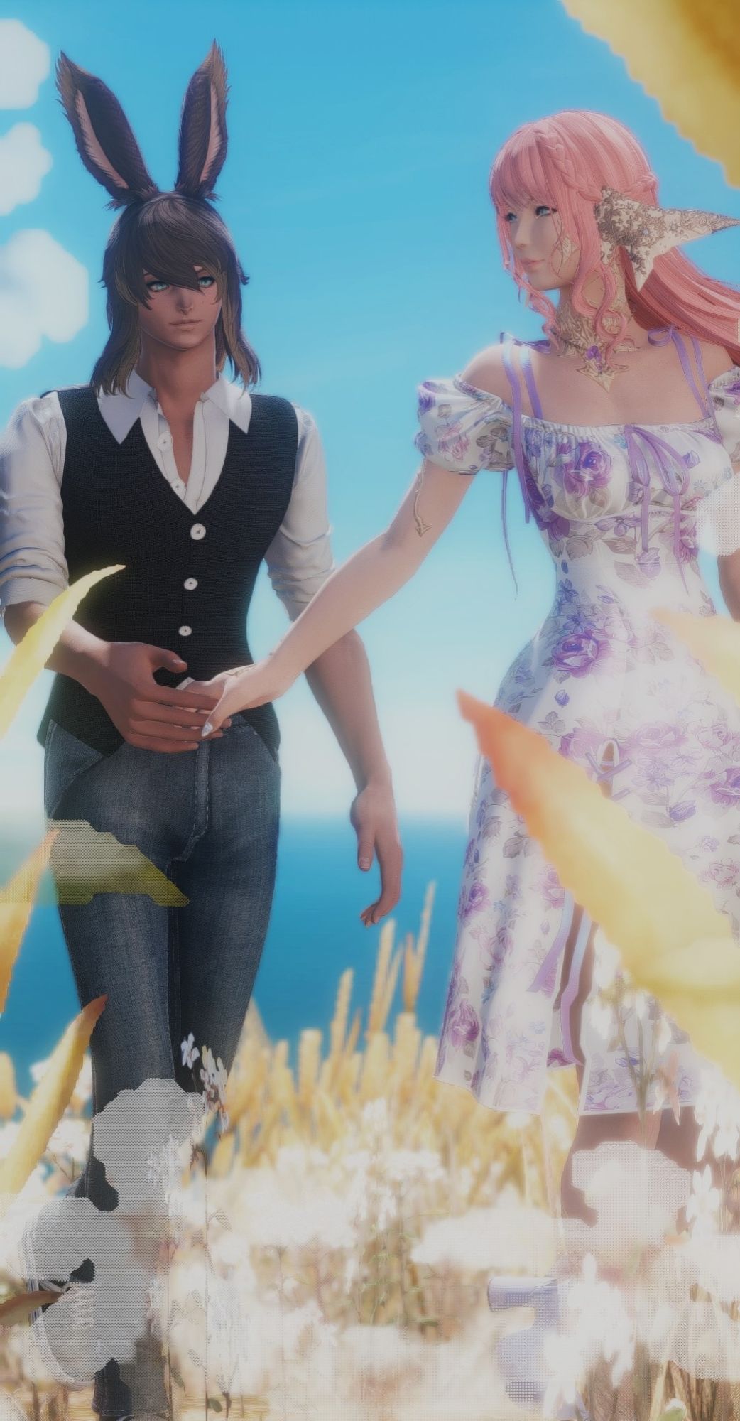 Walking in a friend of flowers near the ocean, Cassia holds her hand out and extends it to hold onto Naveen. She looks back at him and both are smiling at each other.