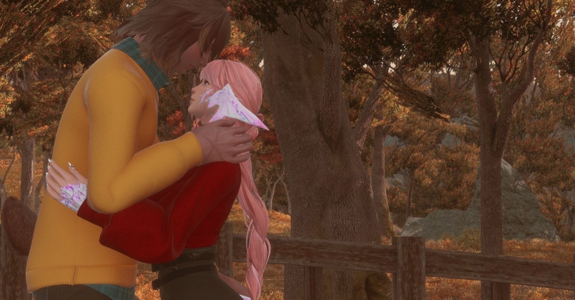 Male viera and Female au ra in a forest looking into each others eyes passionately