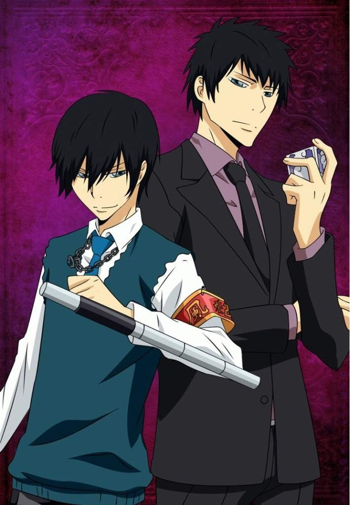 Young Hibari has a weapon out while older Hibari holds a small box in his hand.