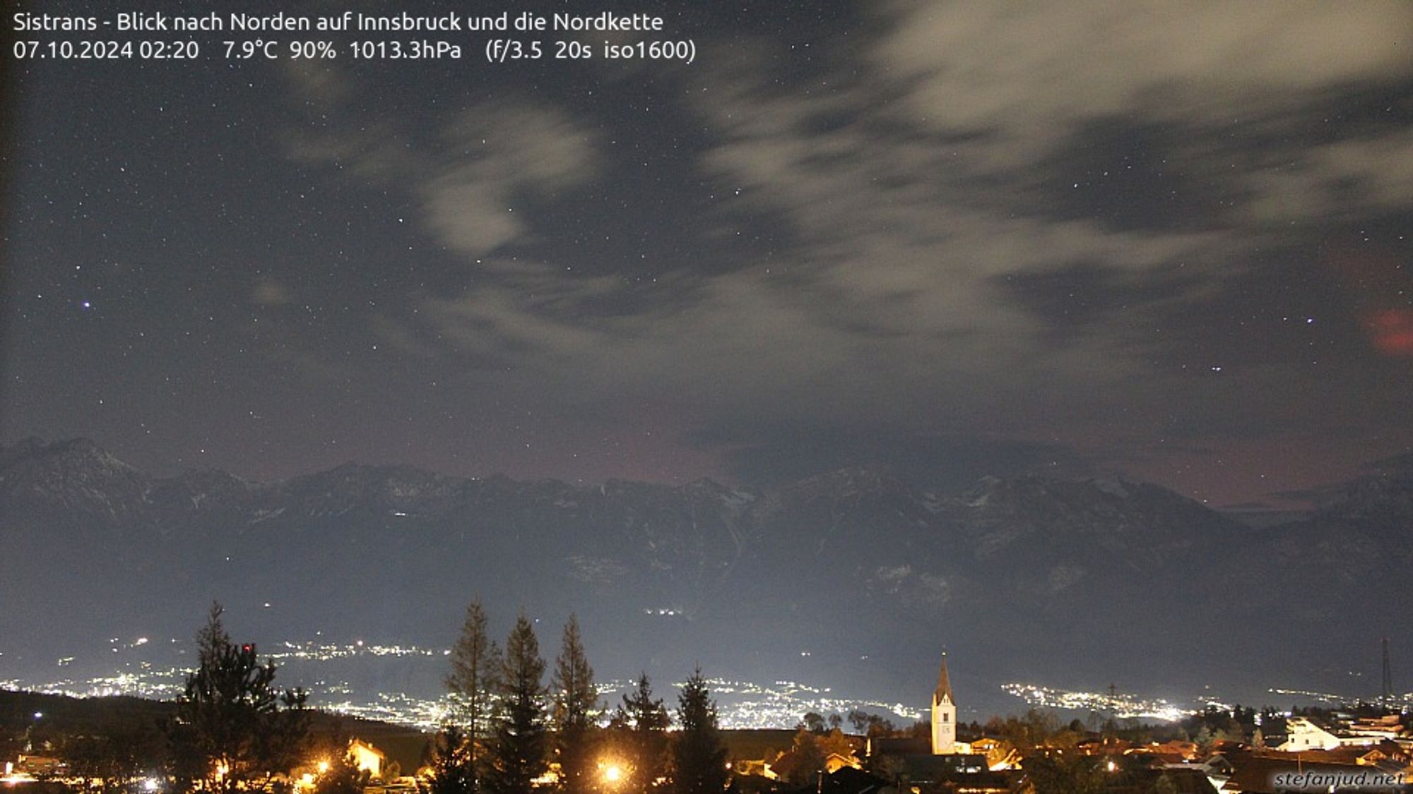 Im Vordergrund ist Sistrans zu sehen, dann im Tal Innsbruck, darüber die Nordkette. Oberhalb der Nordkette ist ein leichter Rotschimmer zu sehen. Es könnte Polarlicht sein.