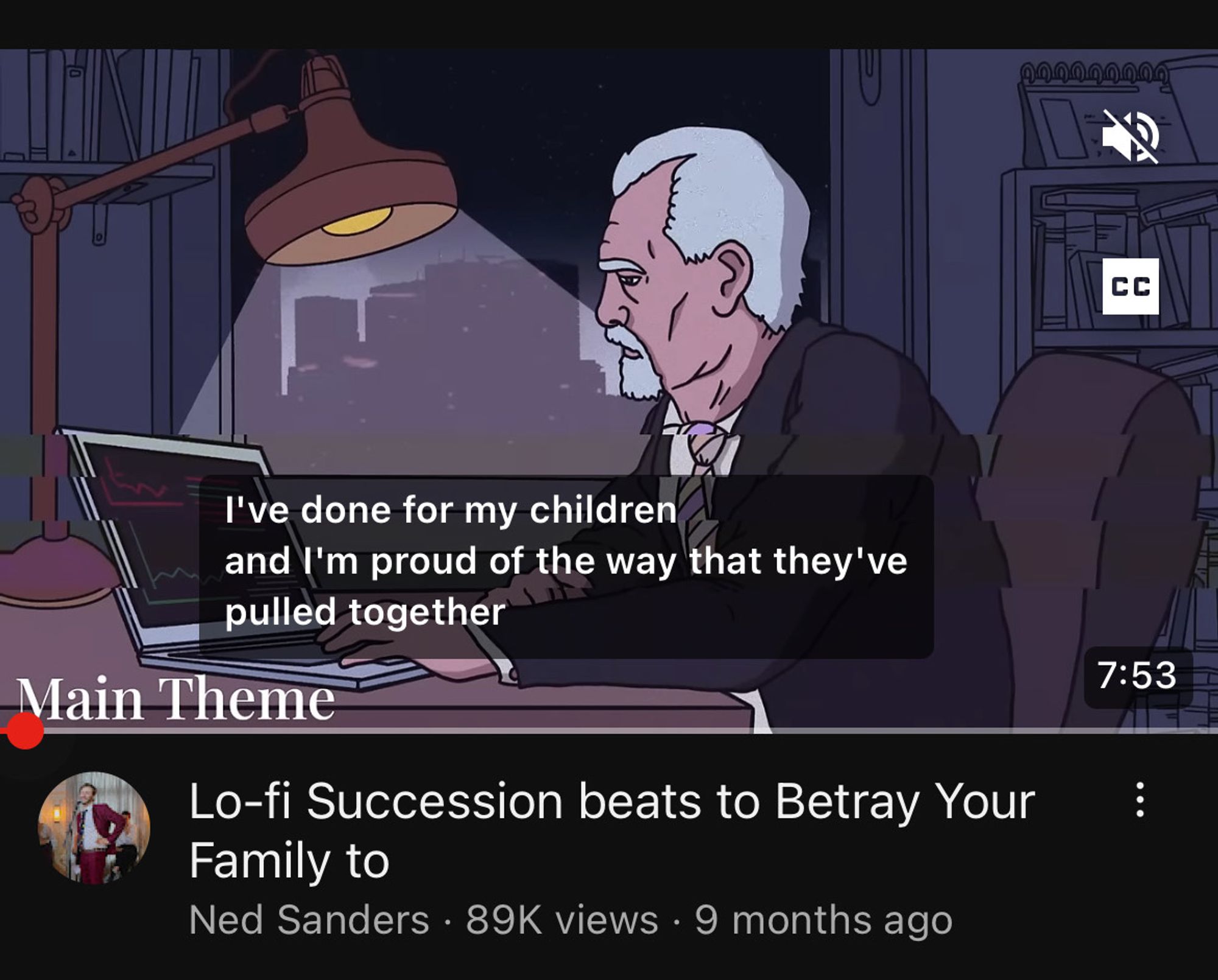 Screenshot of a YouTube video titled “Lo-fi Succession Beats to Betray Your Family To” with the side-profile of a cartoon Logan Roy saying “I’ve done for my children and I’m proud of the way that they’ve pulled together”