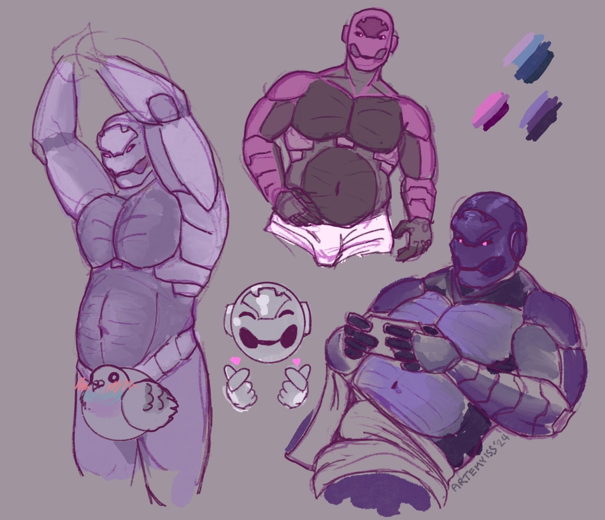 3 images of Saint-14 in various states of undress so there is a good view of his synthetic body which is of a more chunky strongman type body, with a big chest, arms and stomach. They are coloured in different shades of purple. In the centre a simplified grey cartoon face of Saint is doing fingerhearts.