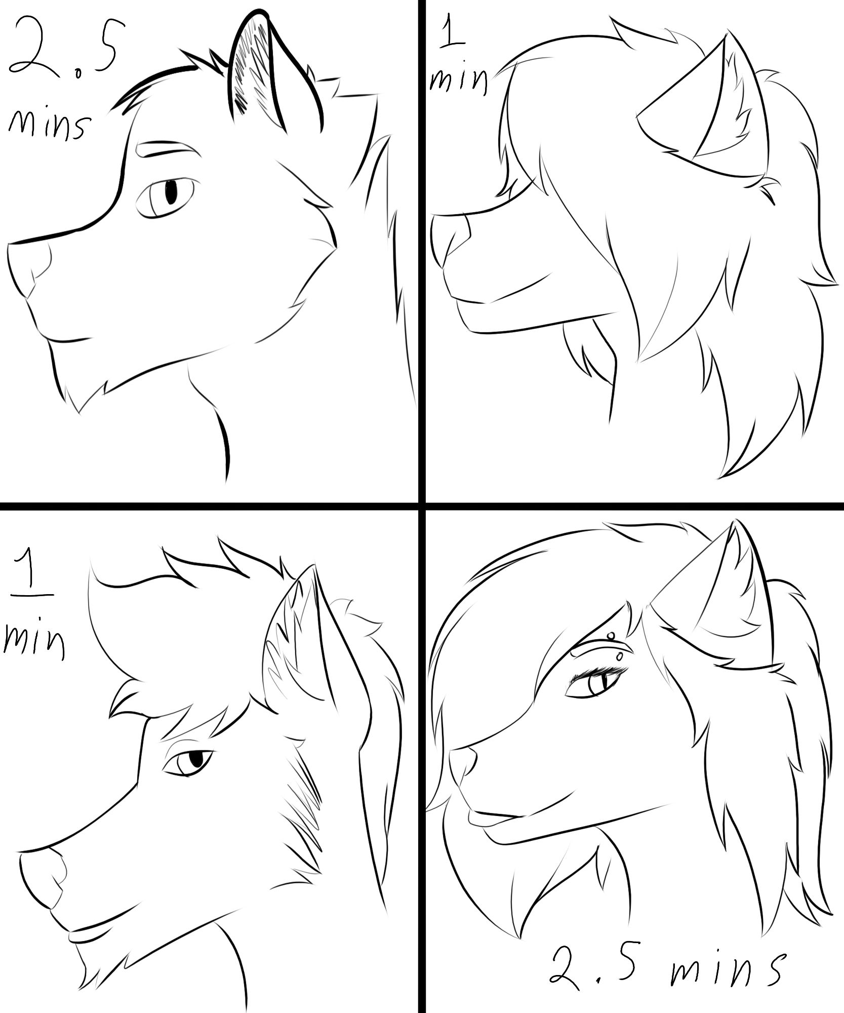 From top left, going clockwise: A male anthropomorphic greatwolf facing left but looking at the viewer, a male anthropomorphic half-cat, half-fox hybrid facing left with hair covering their eyes, a female anthropomorphic half-cat, half-fox hybrid with a thick bottom lip and a stud piercing above and below her eyebrow, looking at the viewer, with thick hair over her other eye, and a masculine anthropomorphic fox with a fauxhawk hairstyle, looking at the viewer but facing left.