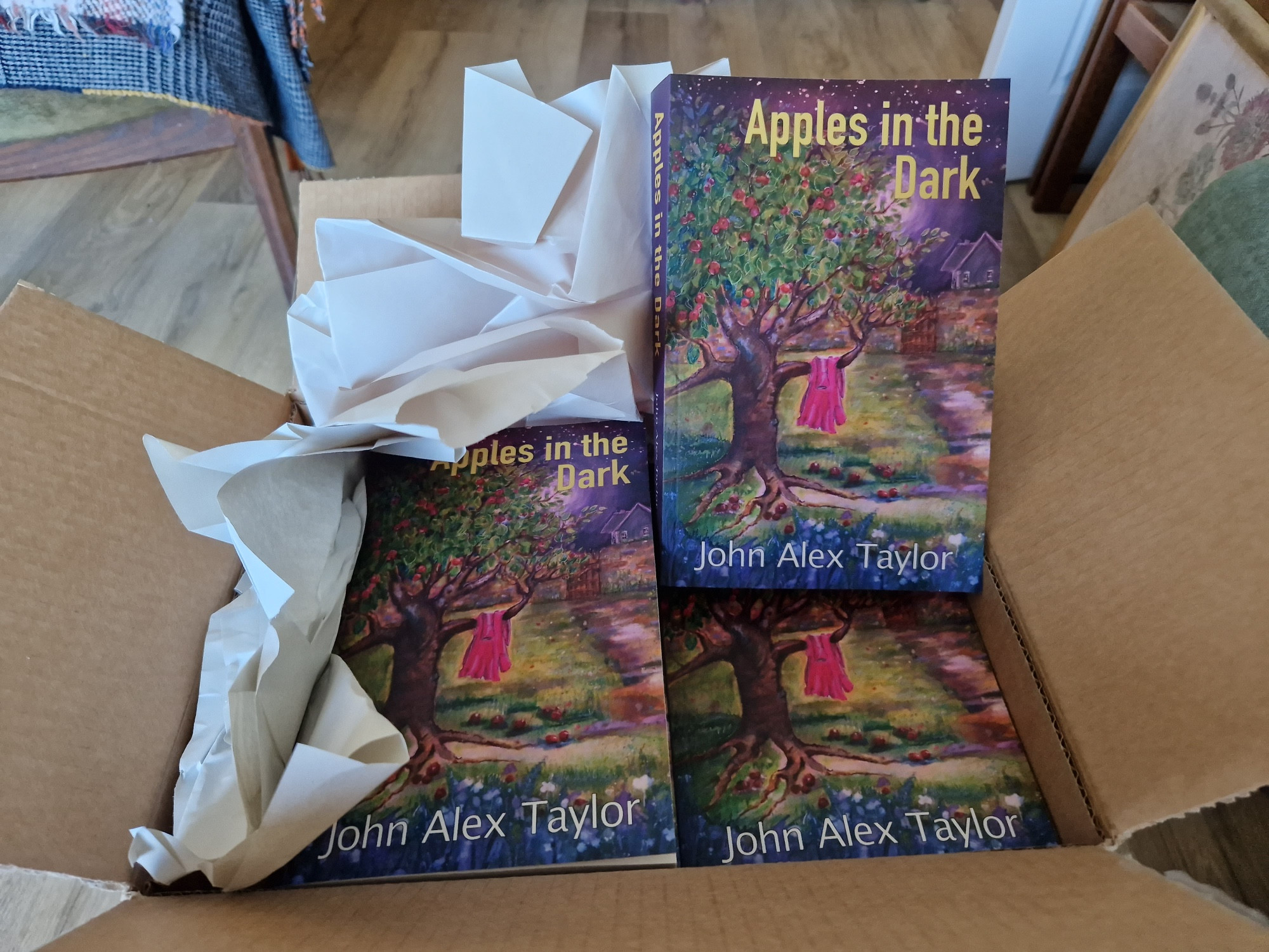 A box of wonder! My pre-publication copies of Apples in the Dark – the seventh of my nine (and counting) novels, but the first to reach this stage. #IndyAuthor